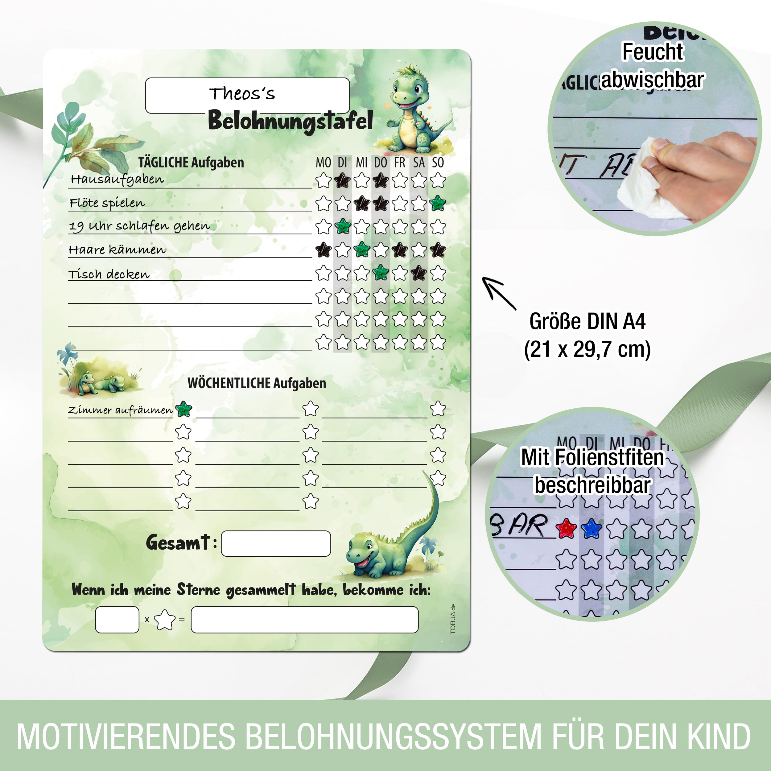 Belohnungstafel A4 magnetisch Dino + 4 Markenstifte