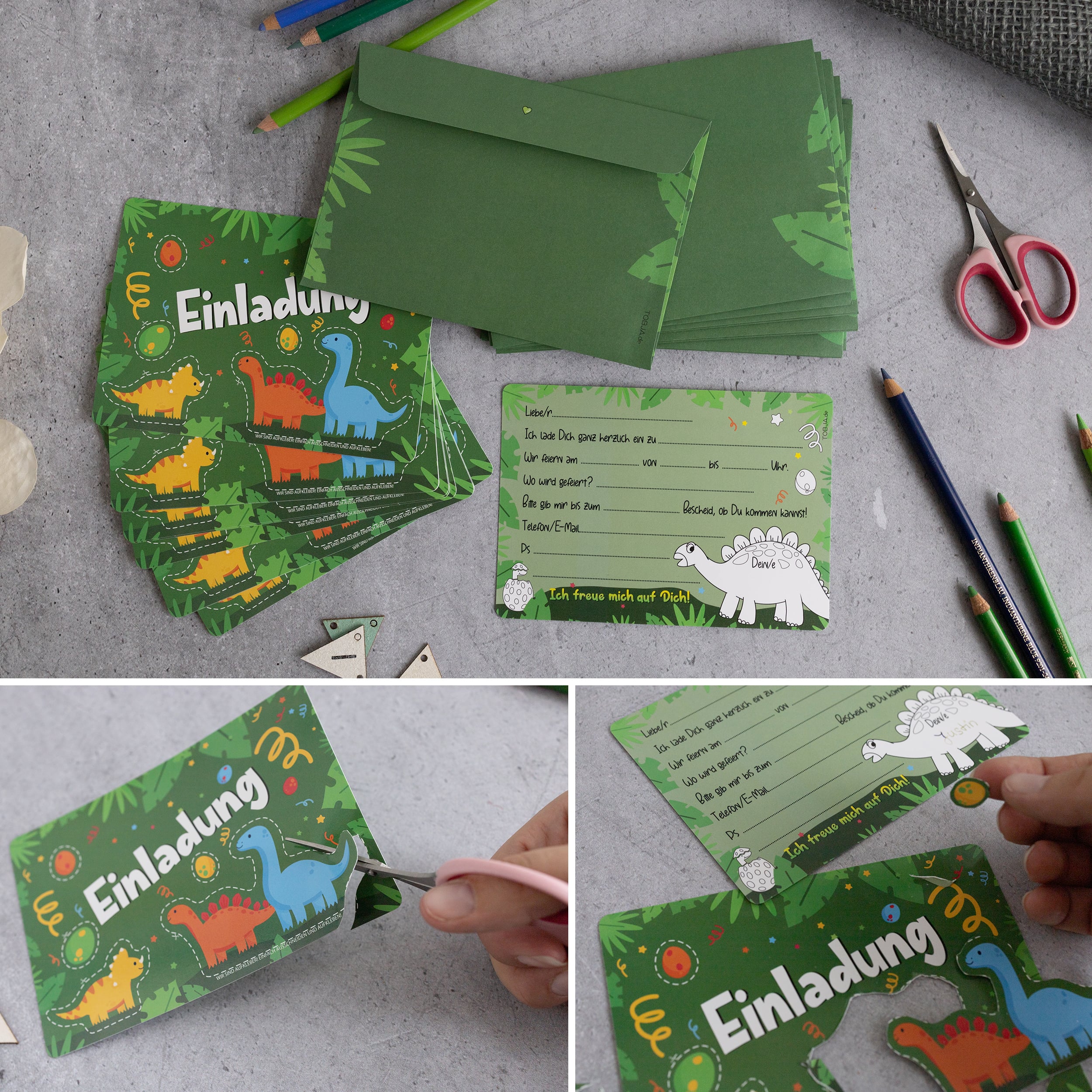 12 Einladungskarten inkl. Umschläge "Dino Party"