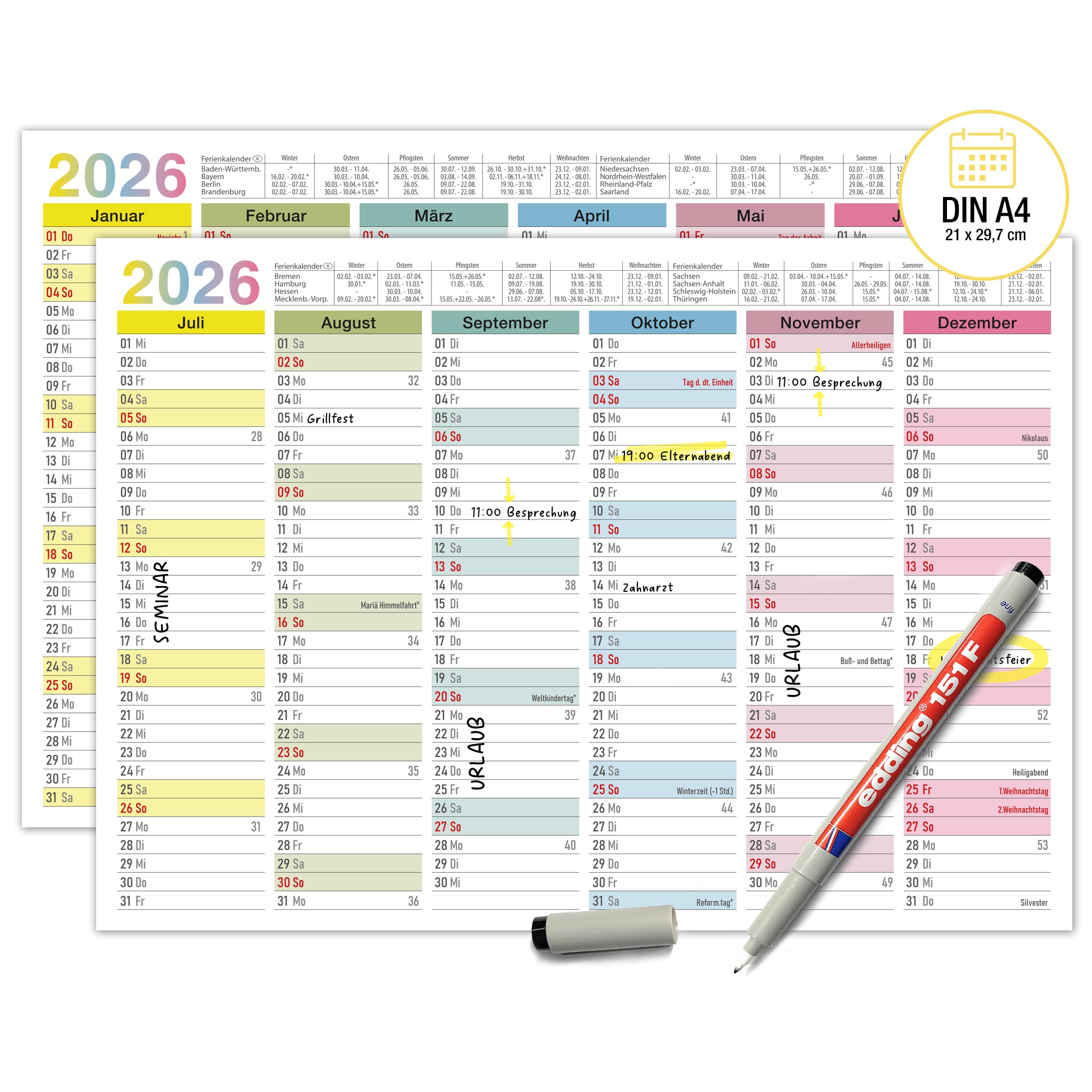 Abwischbarer A4 Tafelkalender 2026 "Bunt"  Kalender inkl 1 Stift