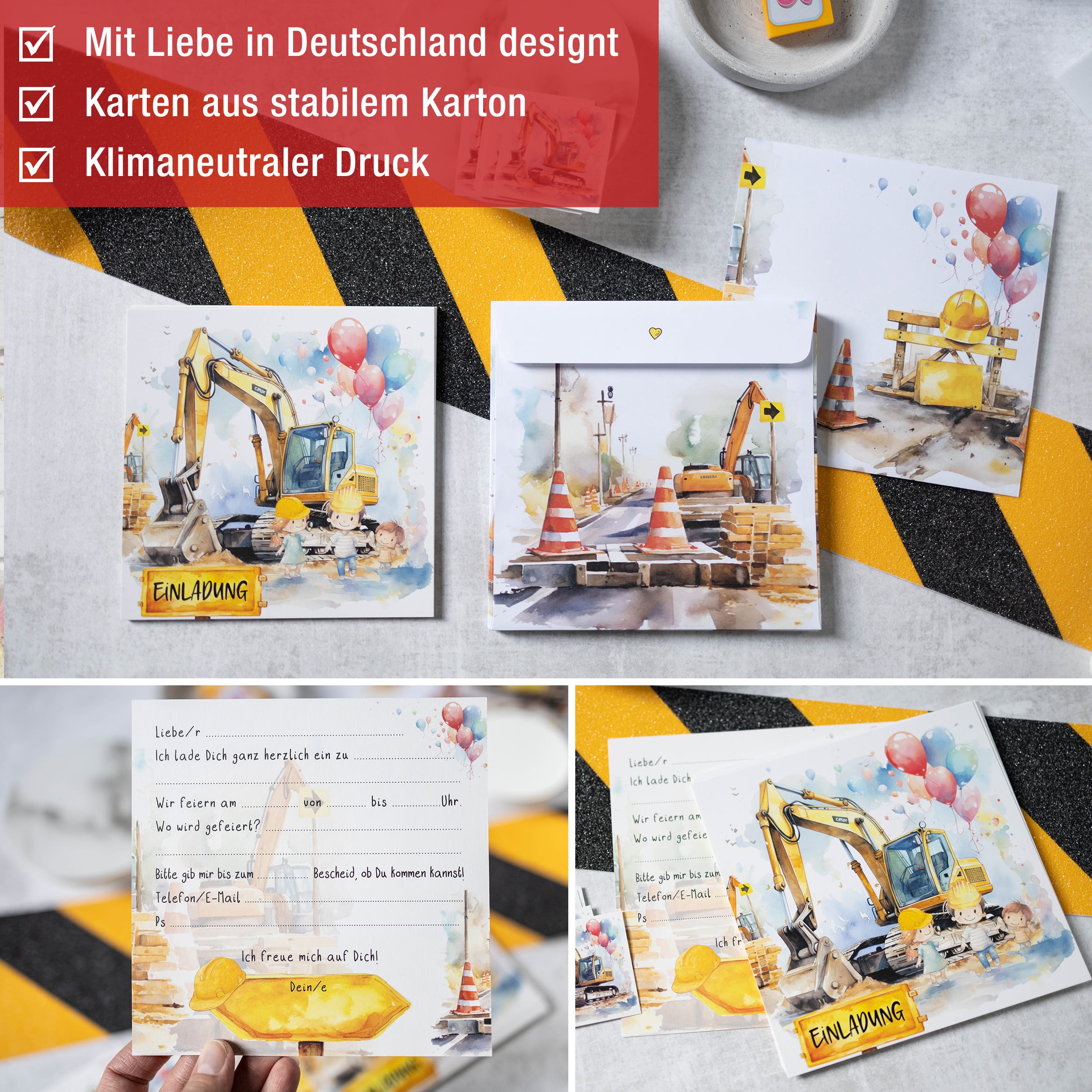 Einladungskarten Bagger inkl. Sticker 10er Set Einladungskarten Bagger inkl. Sticker 10er Set