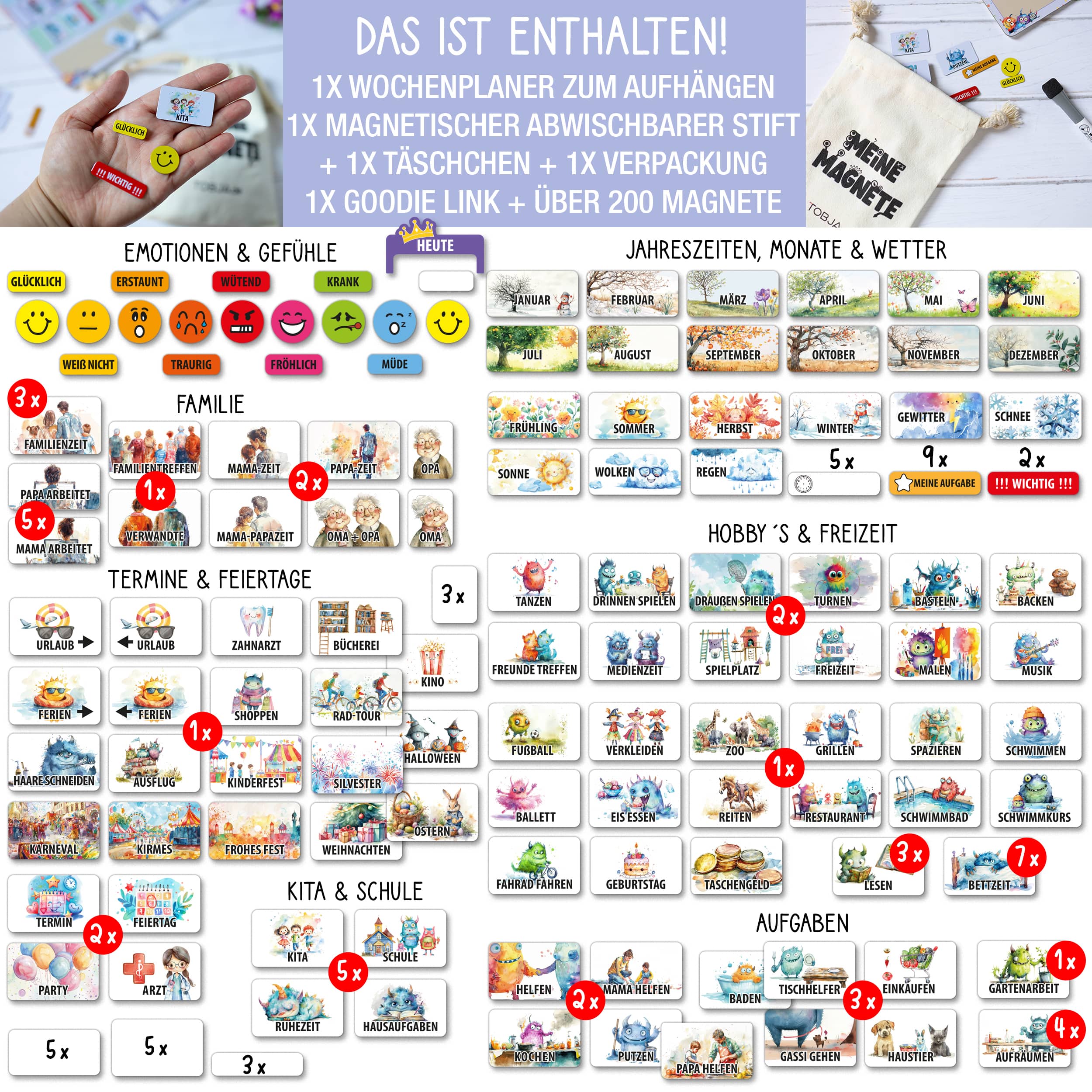 Wochenplaner Kinder inkl Magnete & Stift