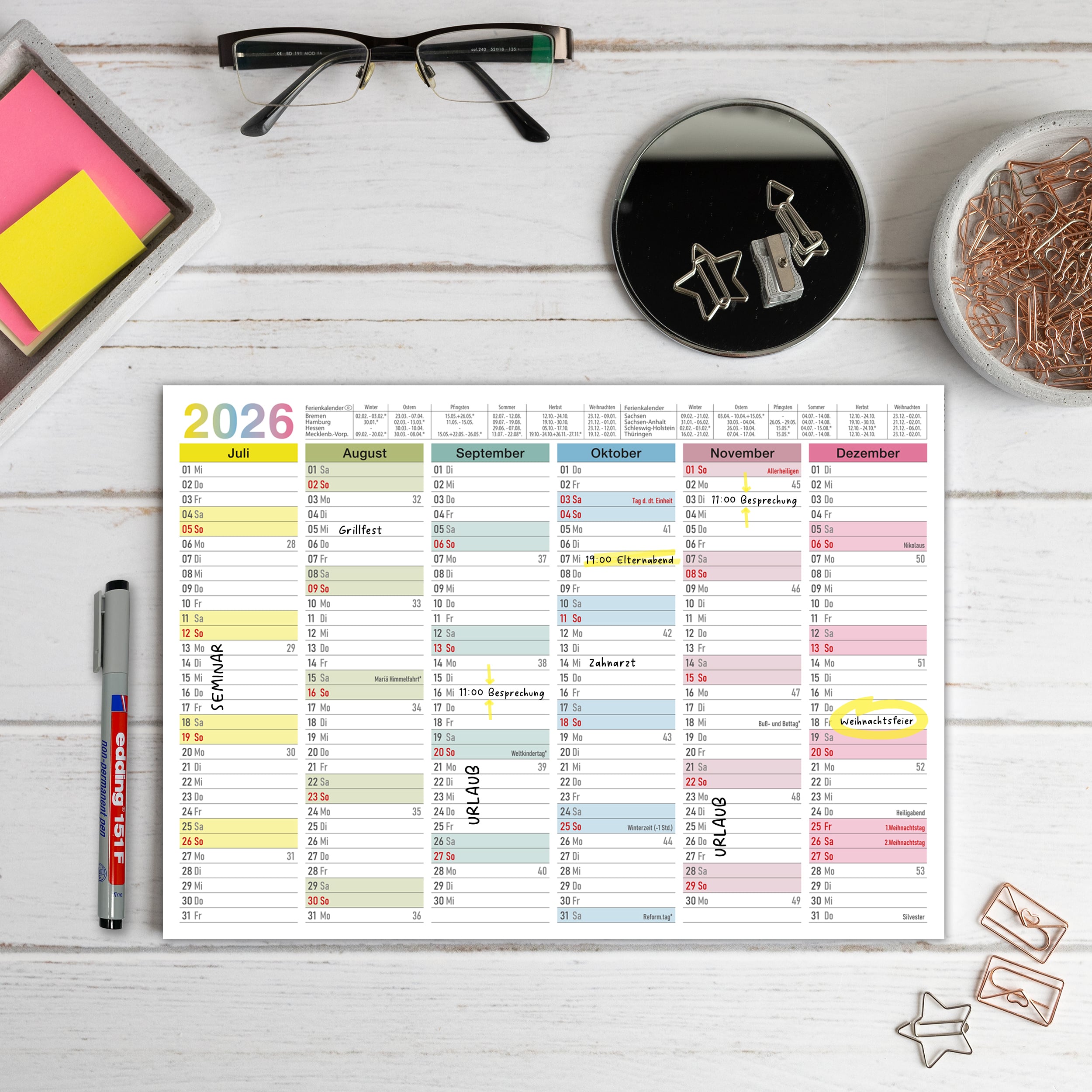Abwischbarer A4 Tafelkalender 2026 "Bunt"  Kalender inkl 1 Stift