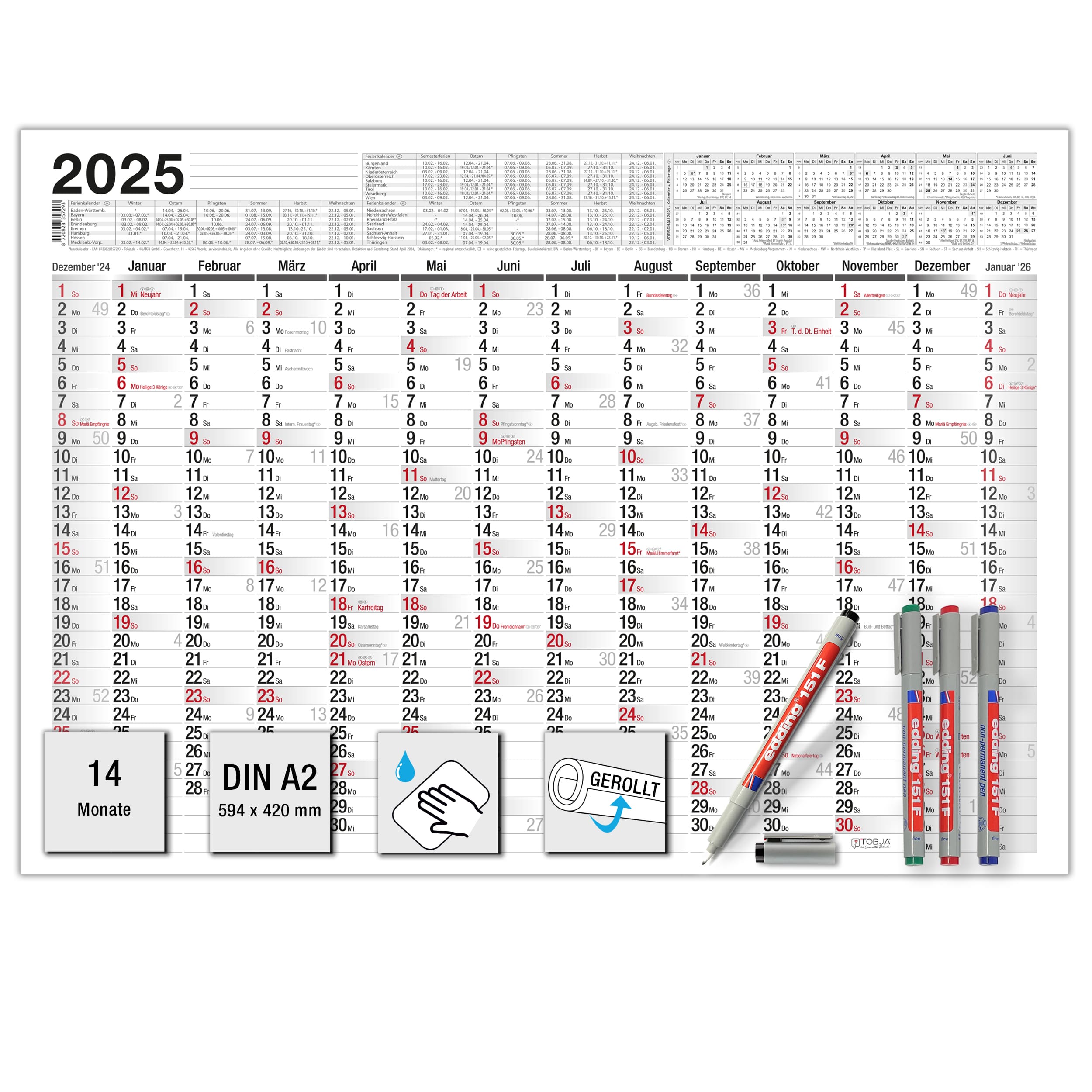 Abwischbarer Wandkalender 2025 A2