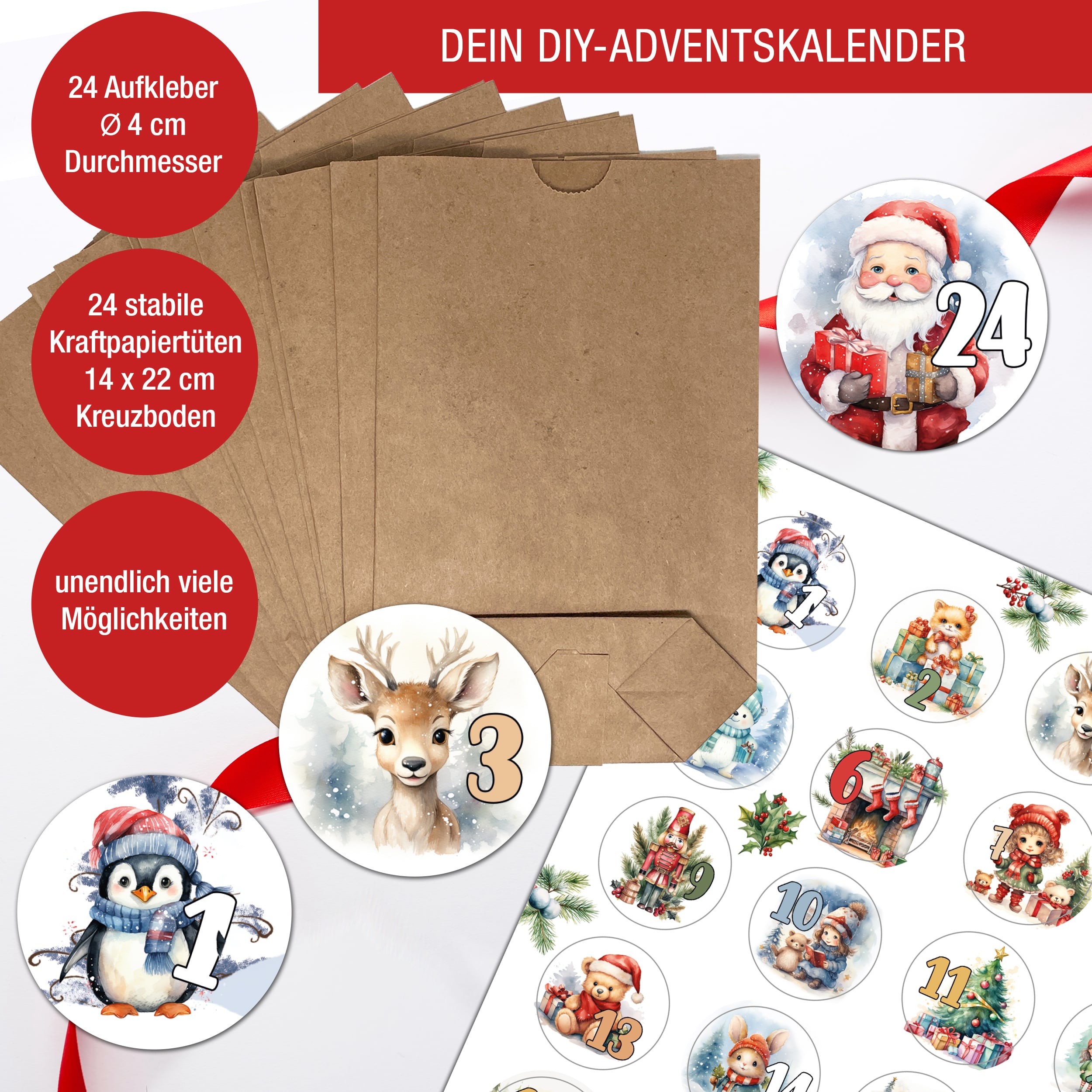 Adventskalender mit 24 Aufkleber bunt