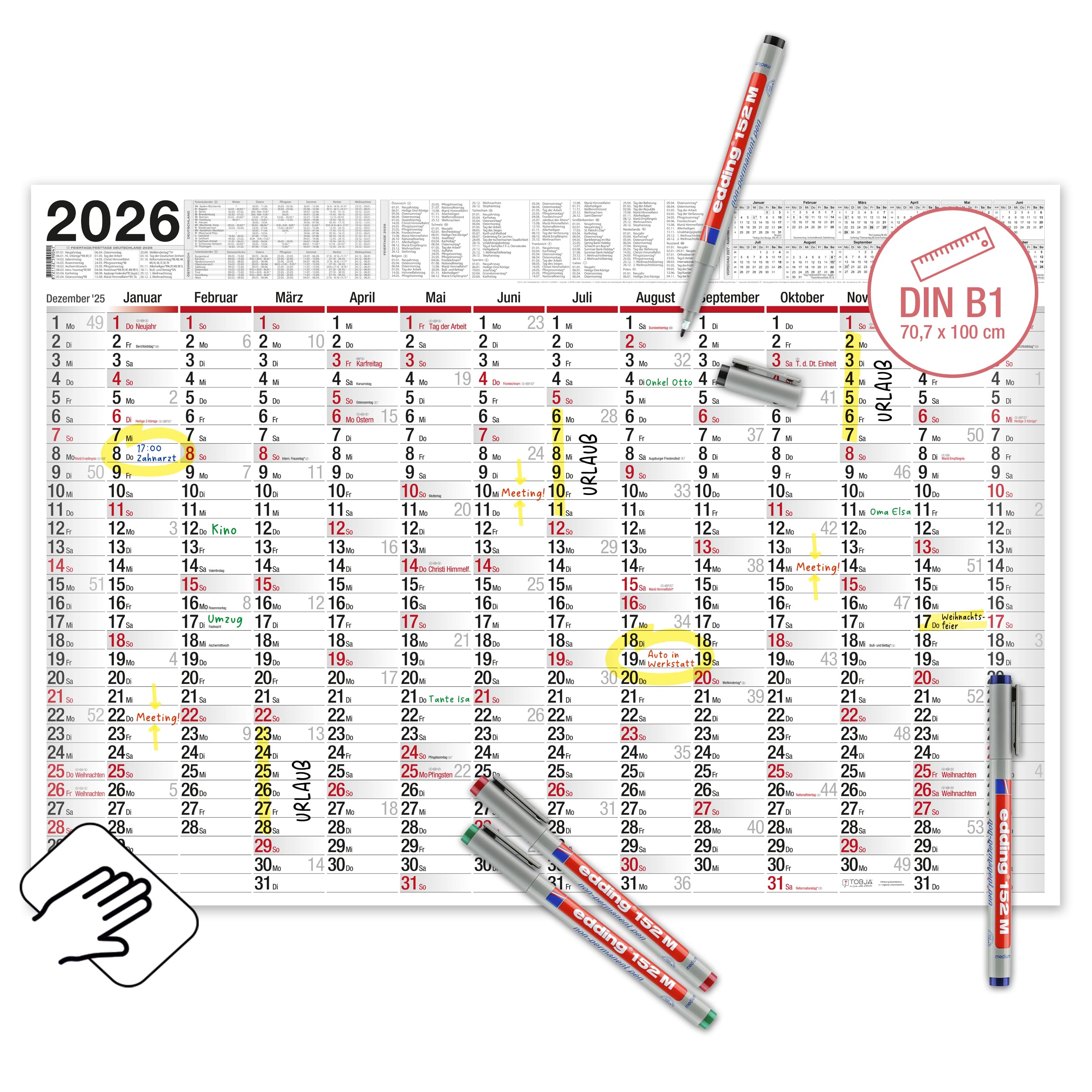 Wandkalender 2026 "Big Planer" [abwischbar] Kalender + 4 Stifte