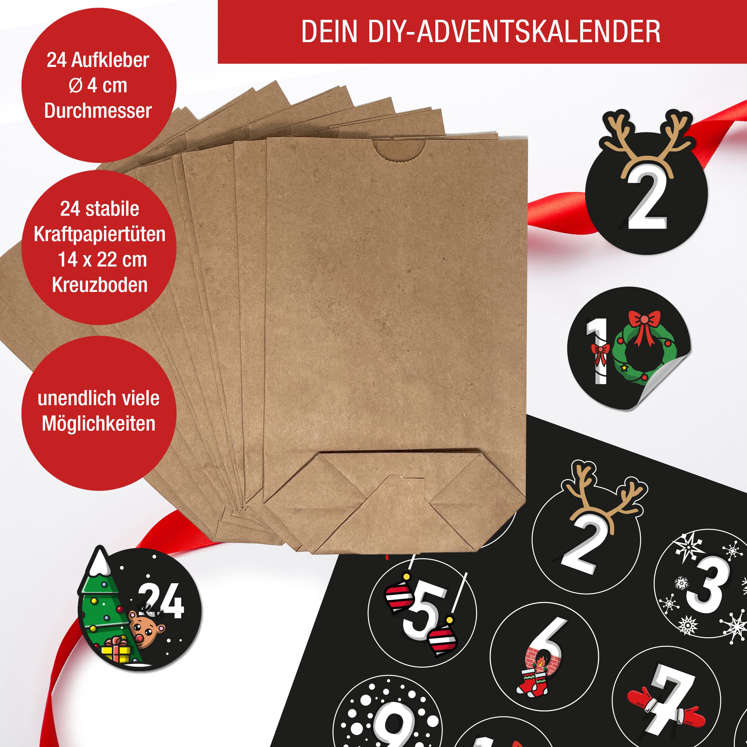 Adventskalender mit 24 Aufkleber schwarz-bunt