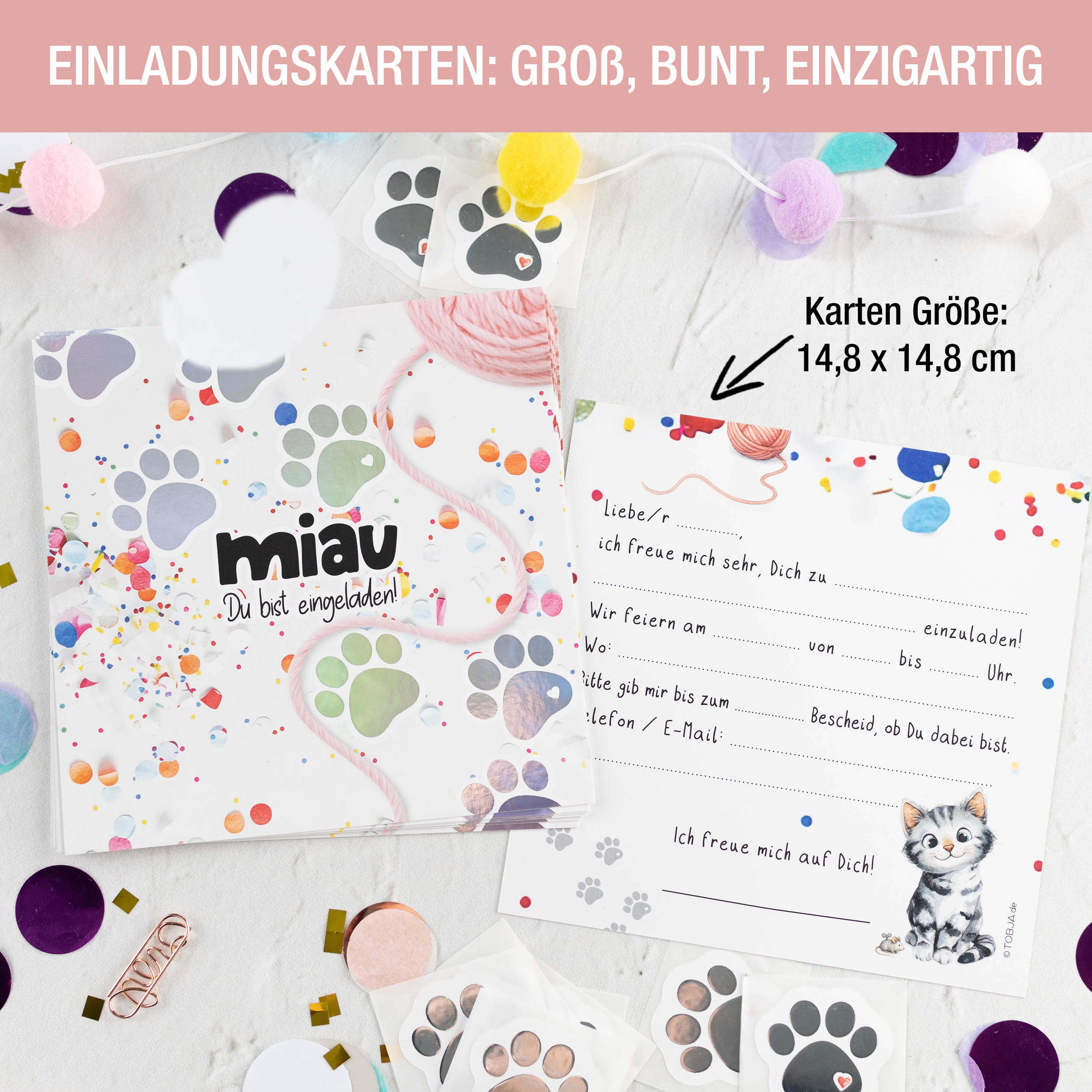XL Einladungskarten Katze Konfetti – 10er-Set mit Silberfolie-Stickern