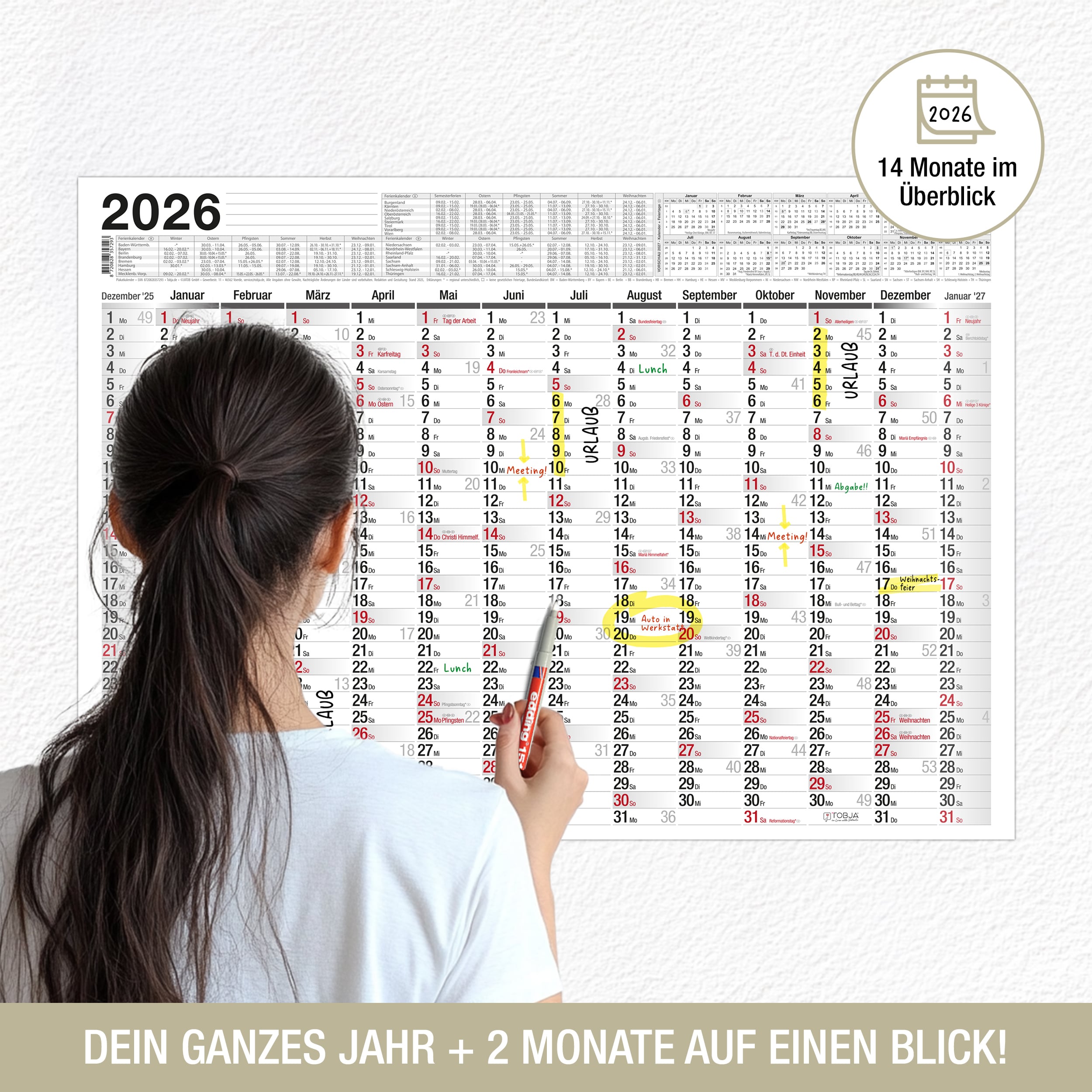 Abwischbarer Wandkalender 2026 A2 inkl. 4 Markenstifte