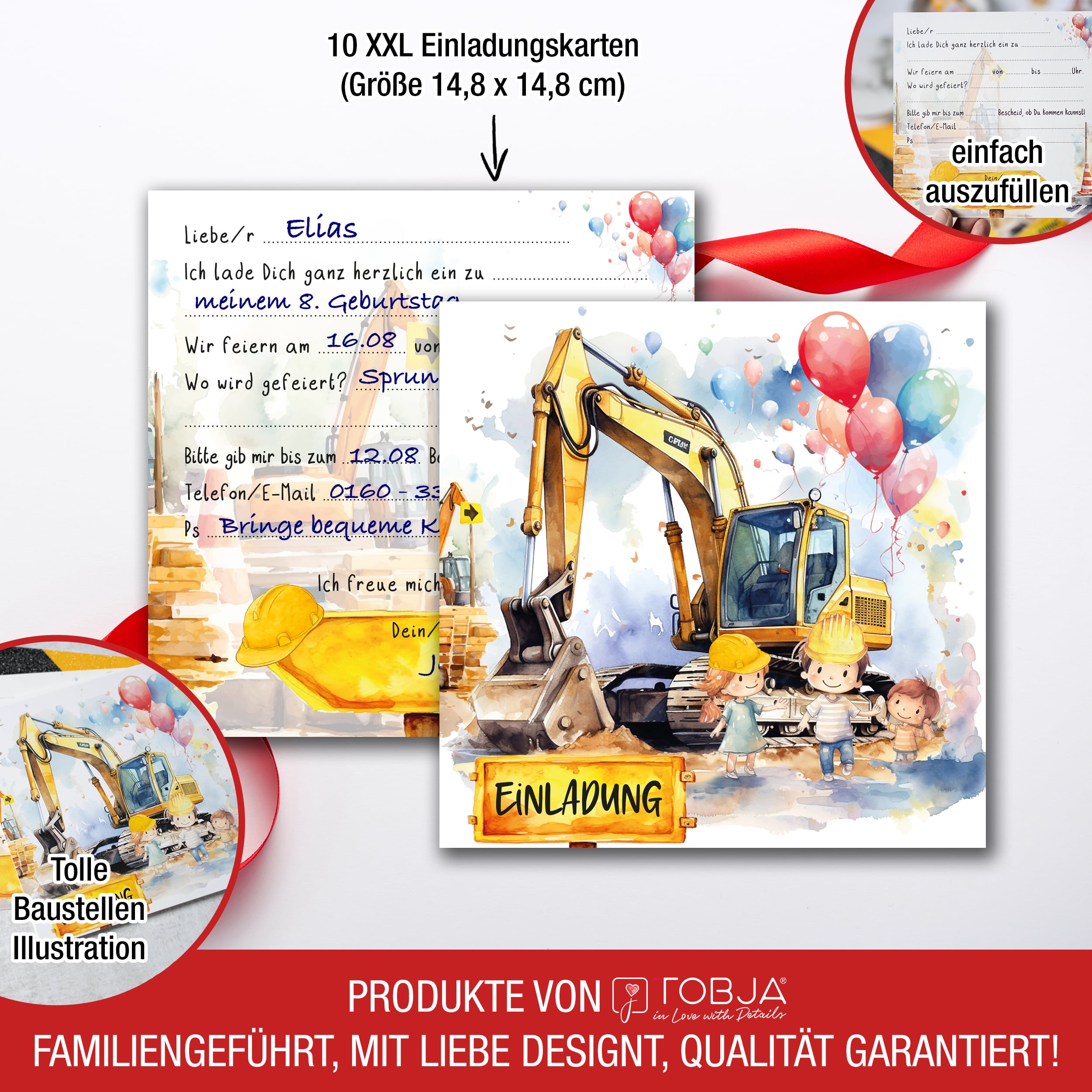 Einladungskarten Bagger inkl. Sticker 10er Set