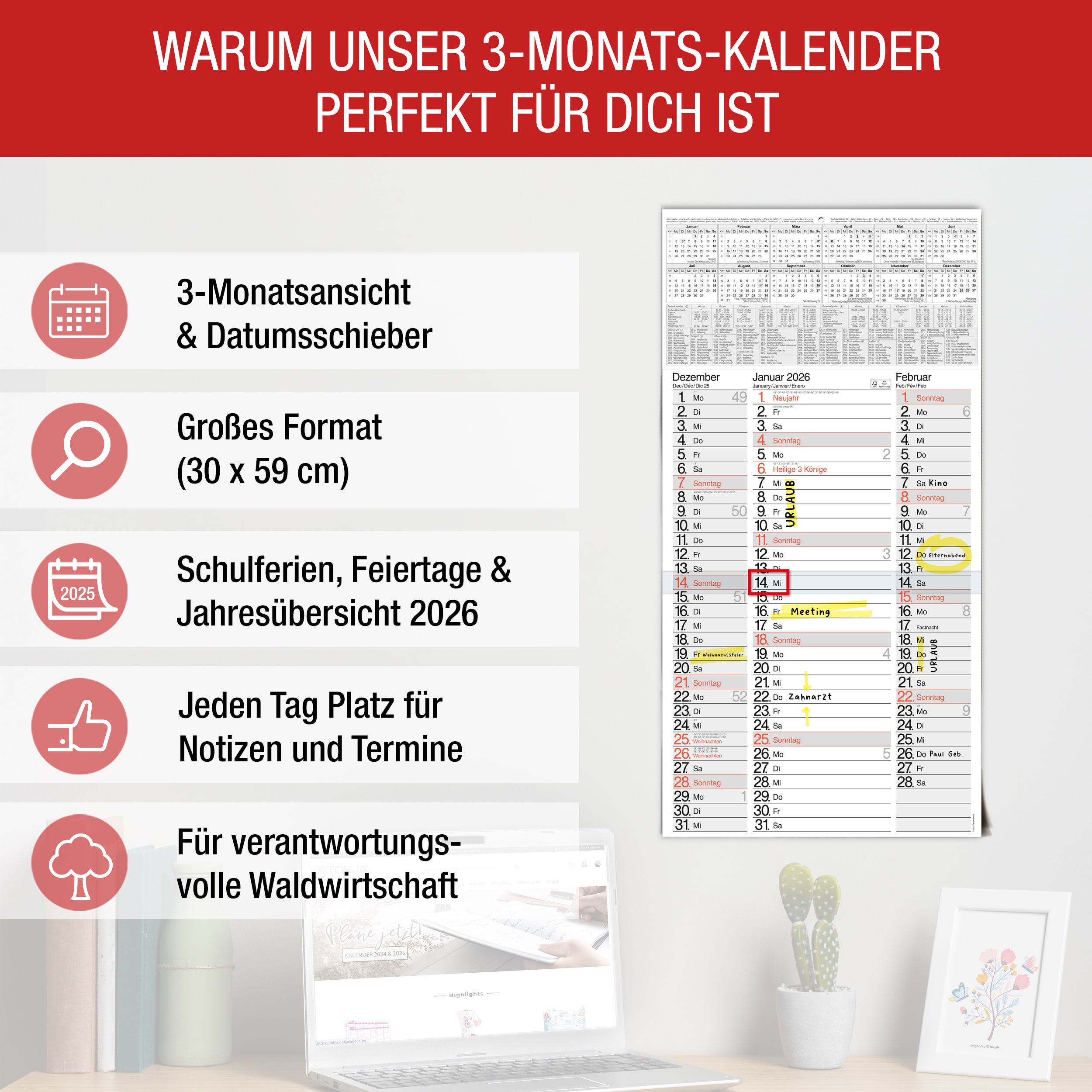 3-Monatskalender 2026 Nebeneinander