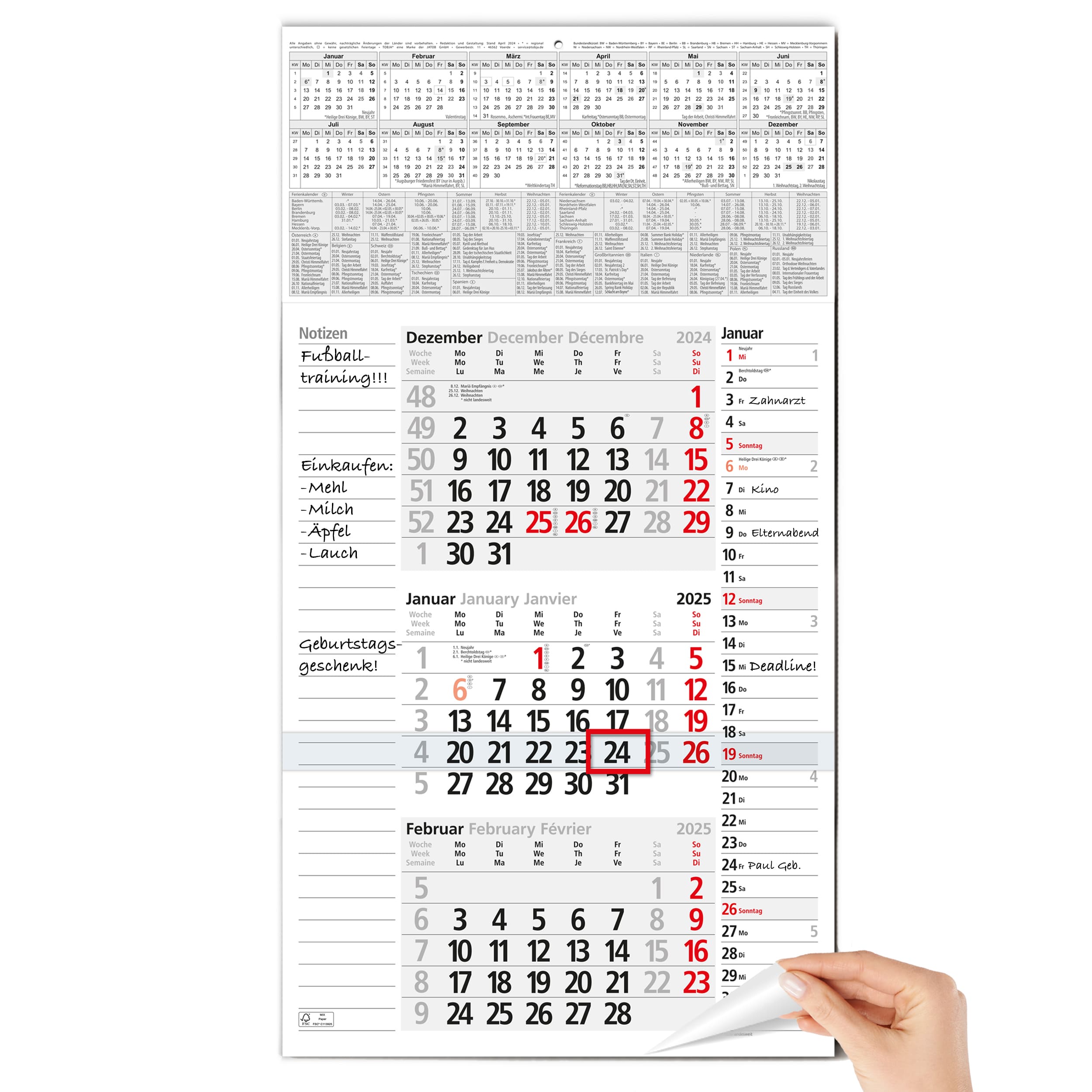 3-Monatskalender 2025 Notizen