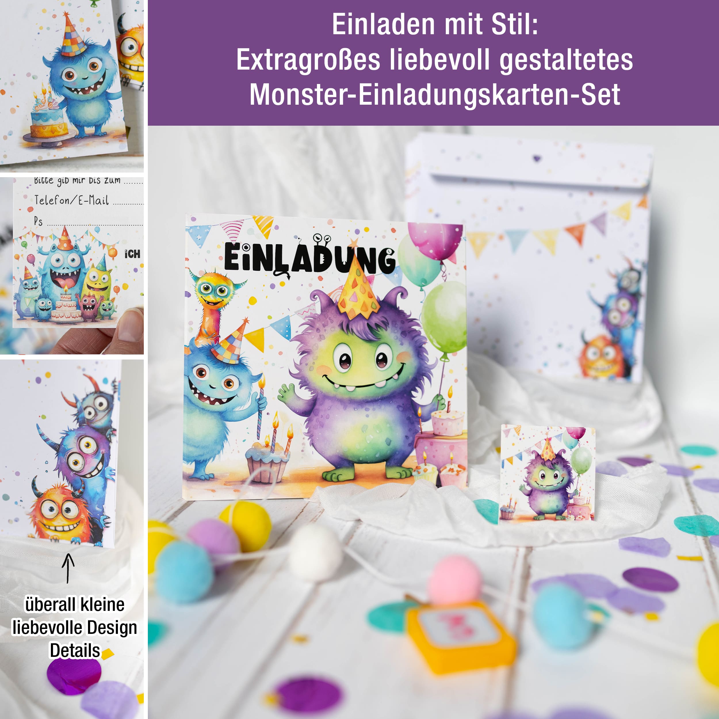 Einladungskarten Monster inkl. Sticker 10er Set