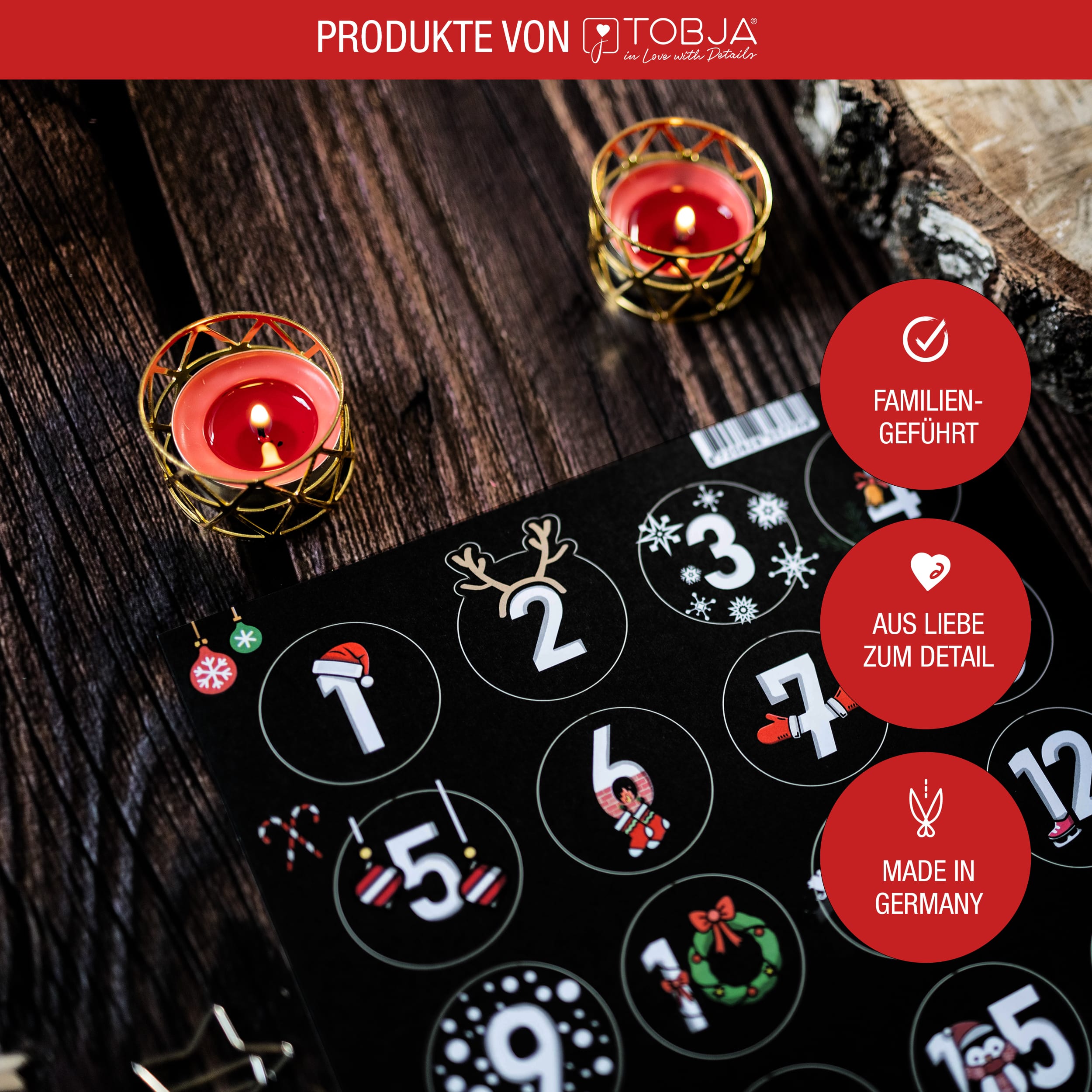 Adventsaufkleber Zahlen 1-24 schwarz-bunt