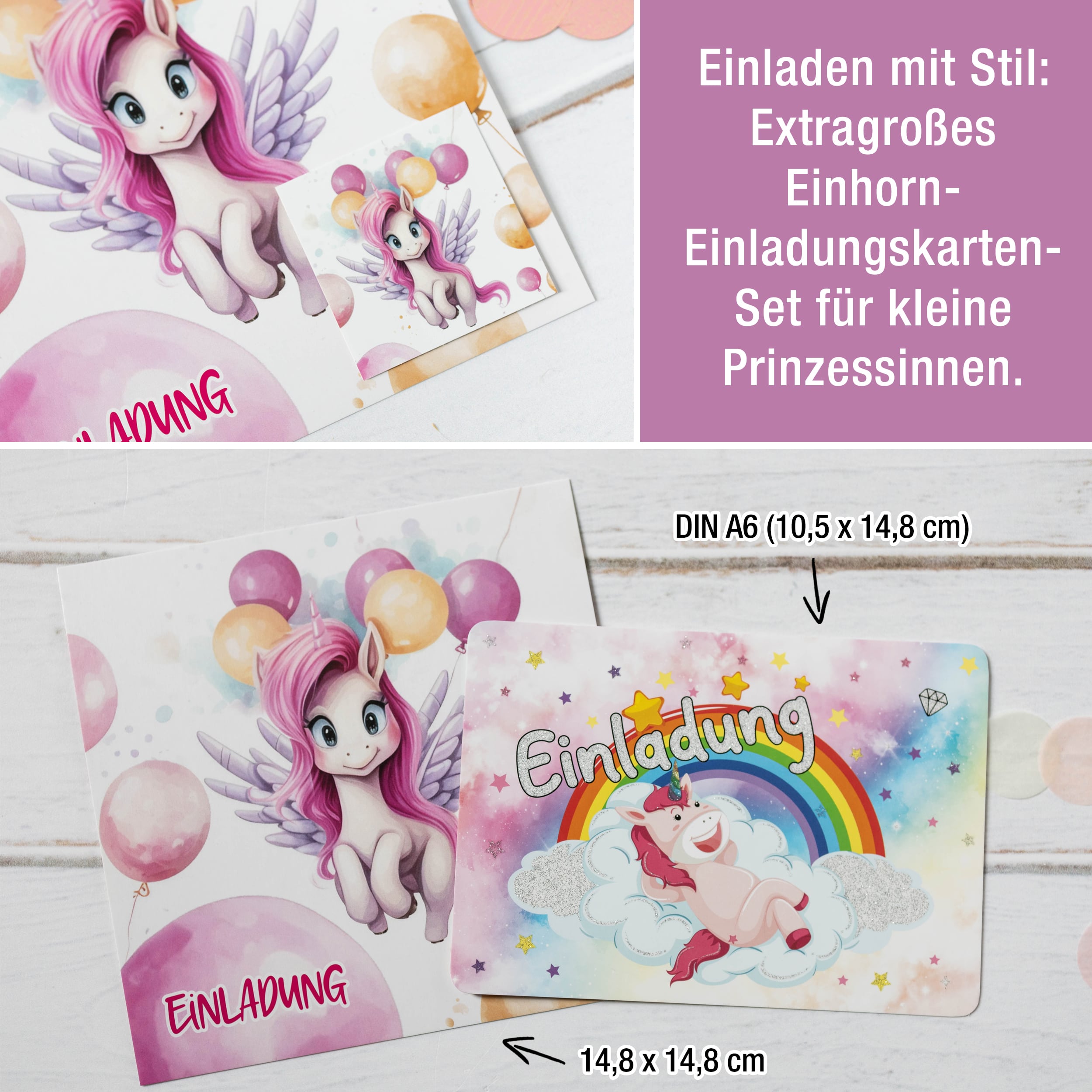 XXL Einhorn Einladungskarten für Kindergeburtstag