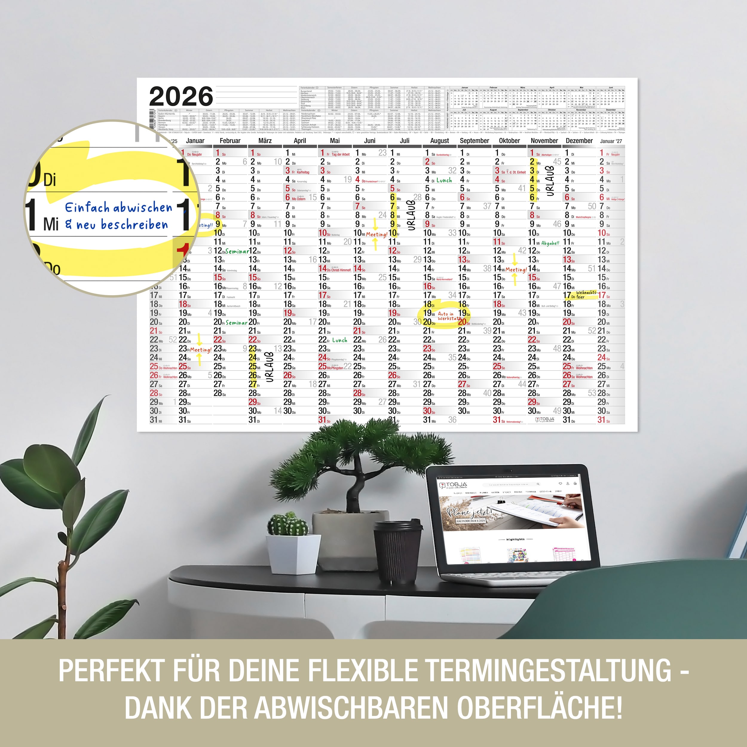 Abwischbarer Wandkalender 2026 A2 inkl. 4 Markenstifte