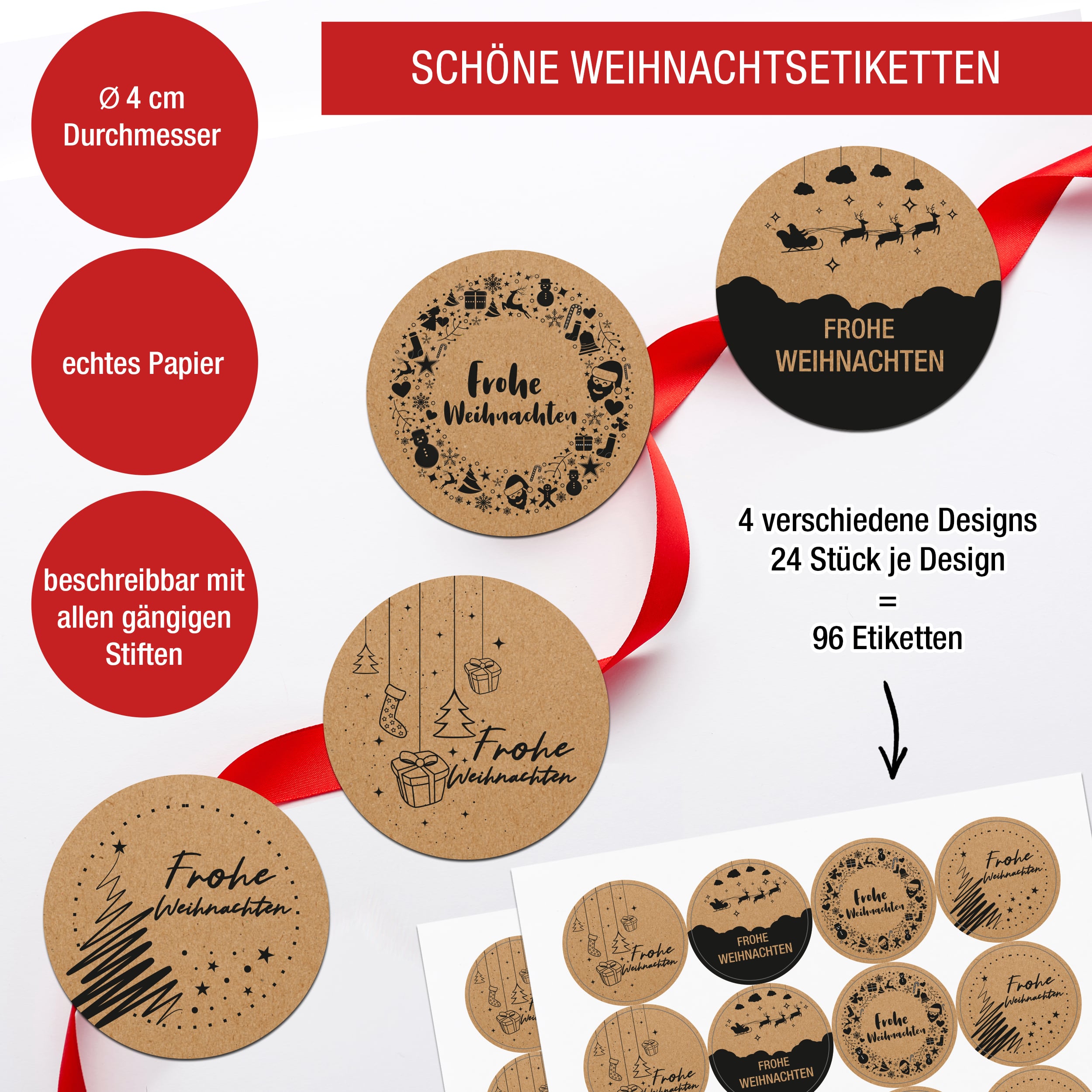 Sticker 4-er Set Bögen "Frohe Weihnachten" Kraftpapier