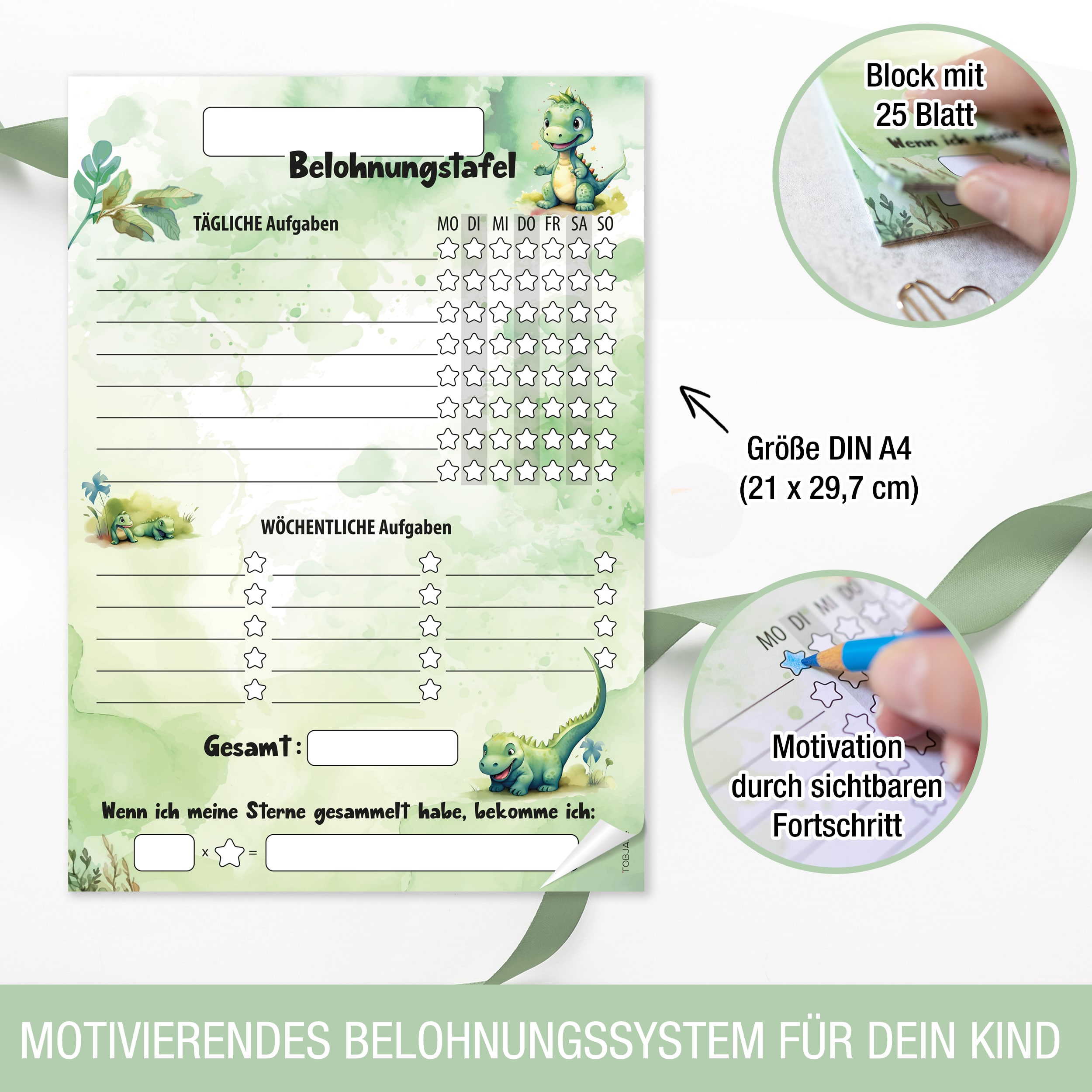 Belohnungstafel Kinder 25 Blatt Dino