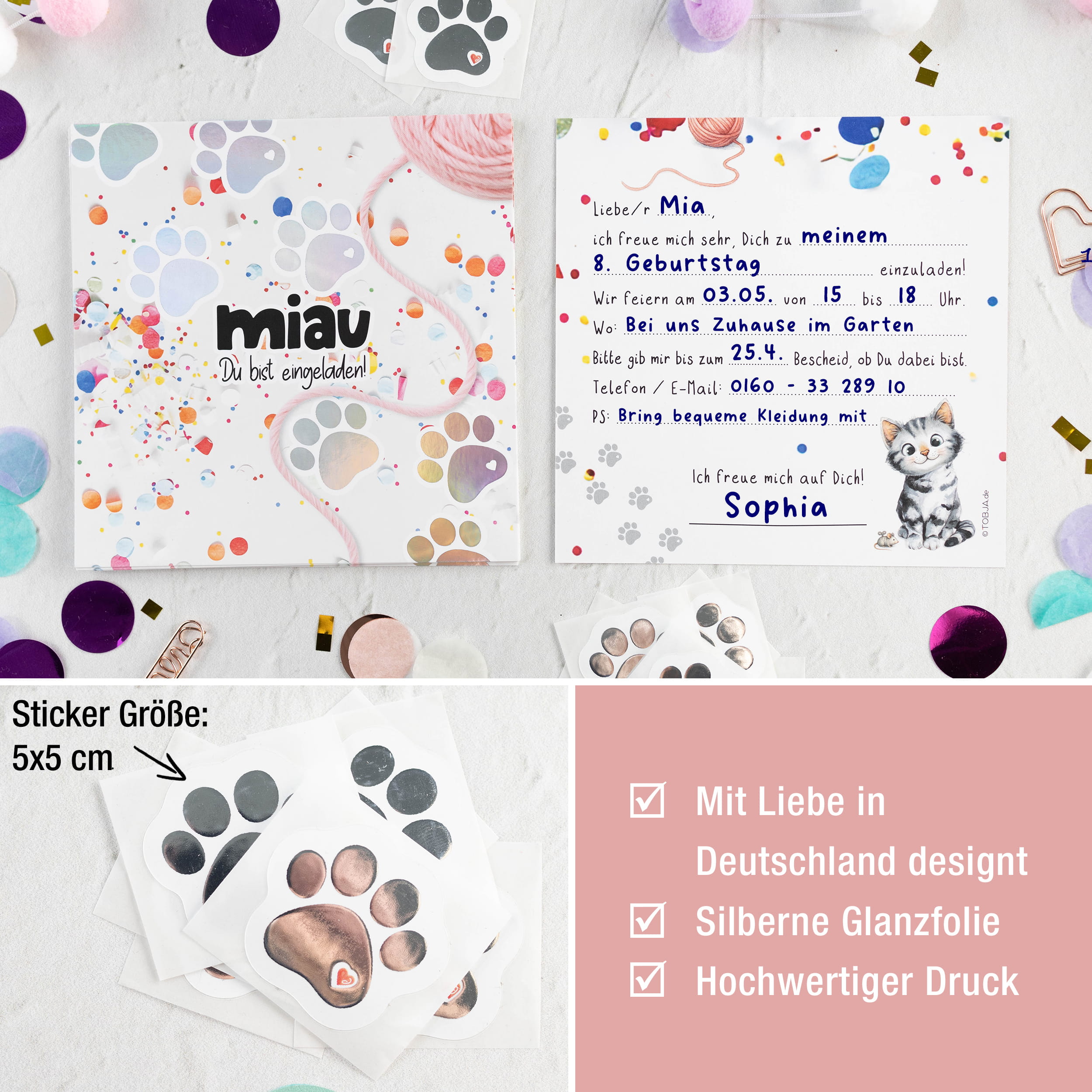 XL Einladungskarten Katze Konfetti – 10er-Set mit Silberfolie-Stickern