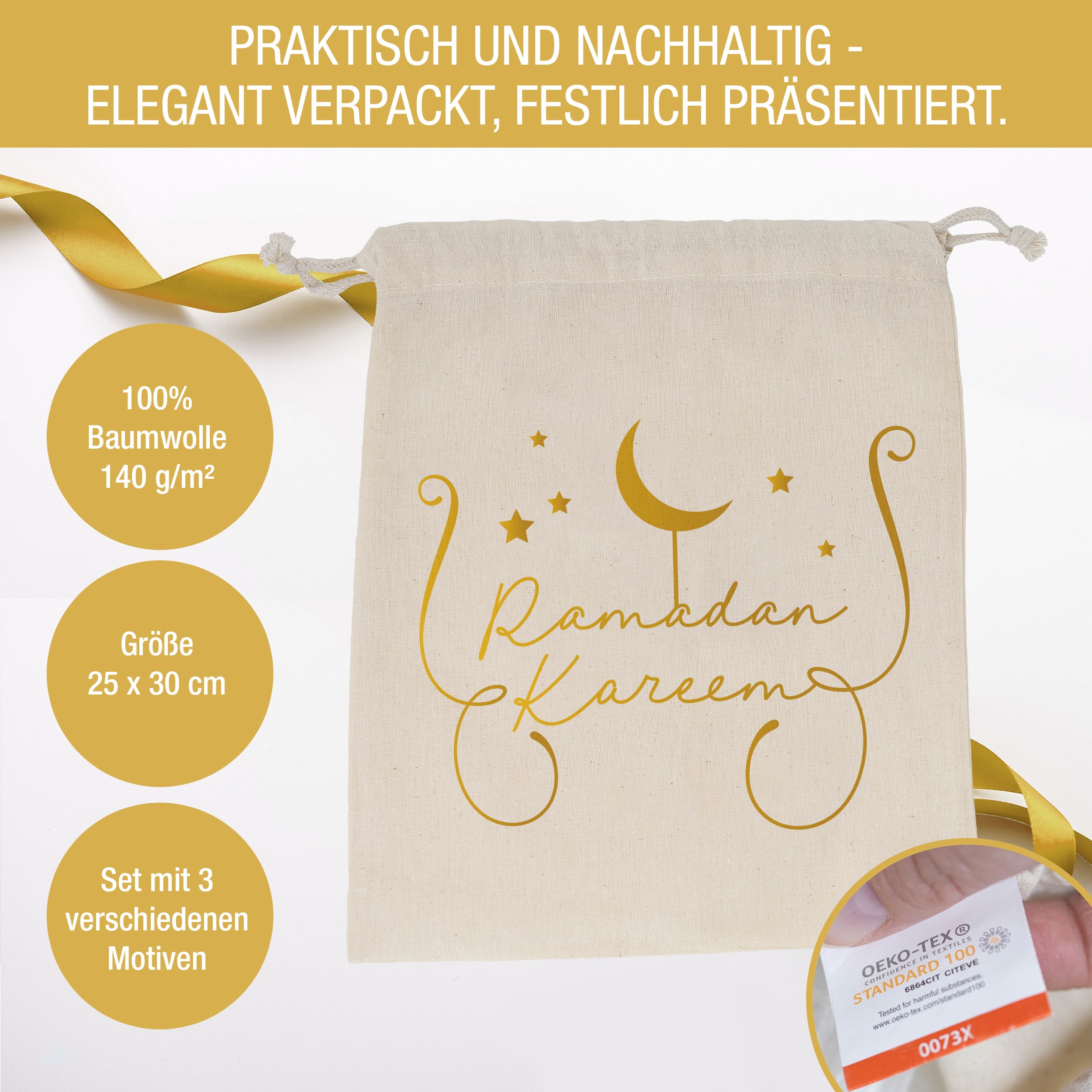 Ramadan Gold Zuziehbeutel 3x Ramadan Gold Zuziehbeutel 3x