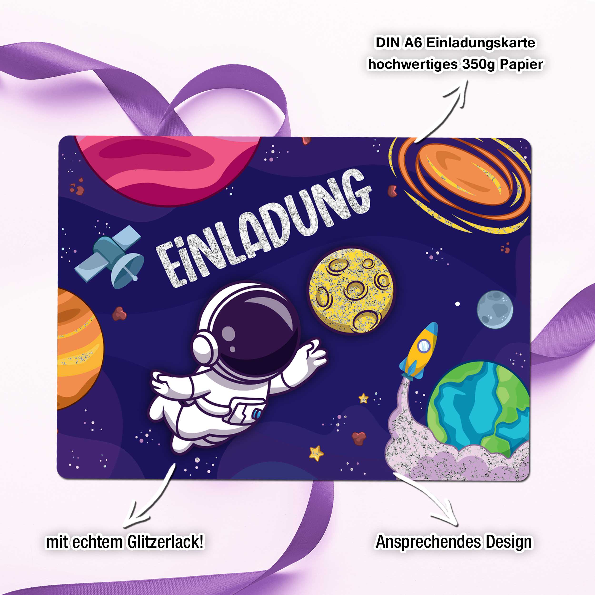 12 Einladungskarten inkl. Umschläge "Astronauten Party"