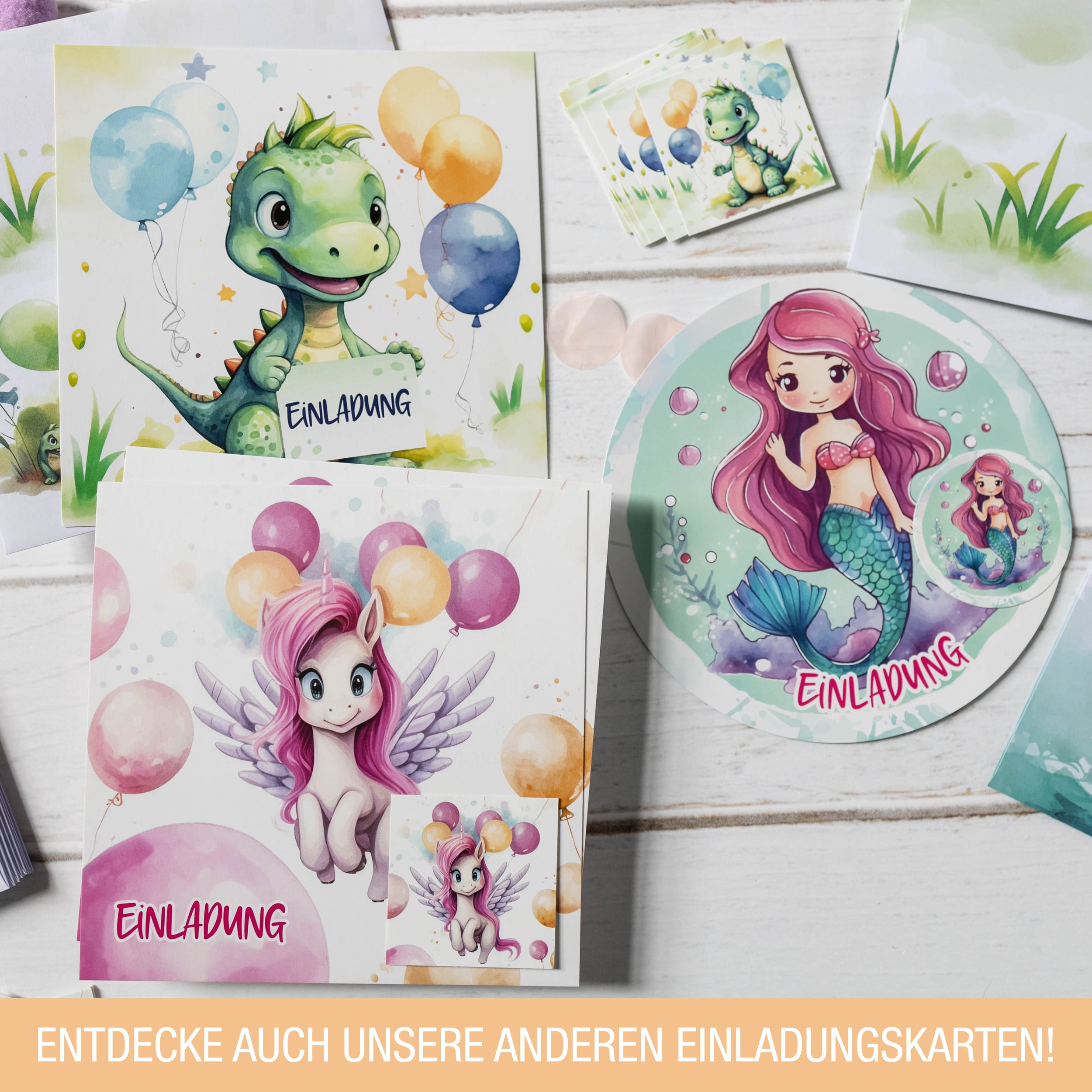 Einladungskarten Einhorn inkl. Sticker 10er Set