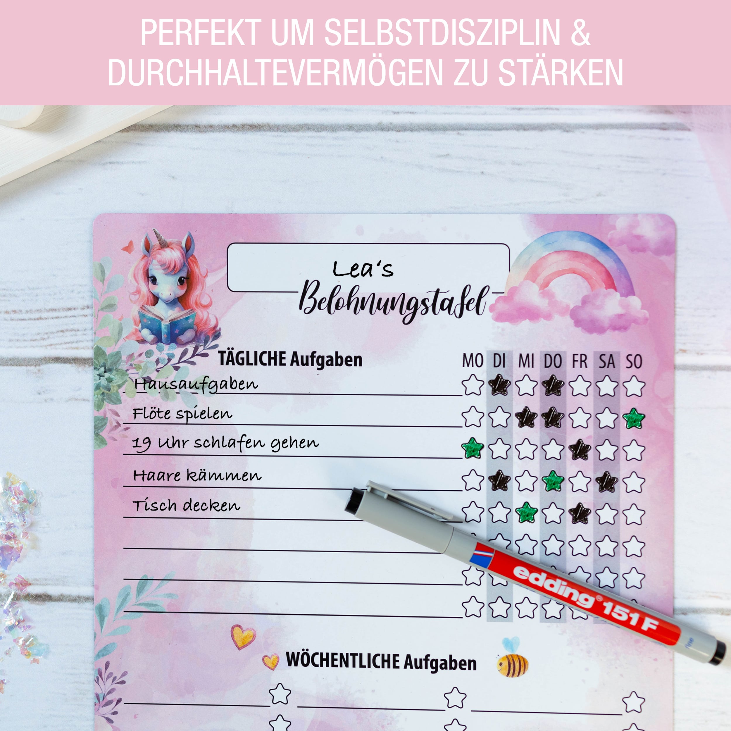 Belohnungstafel A4 magnetisch Einhorn + 4 Markenstifte