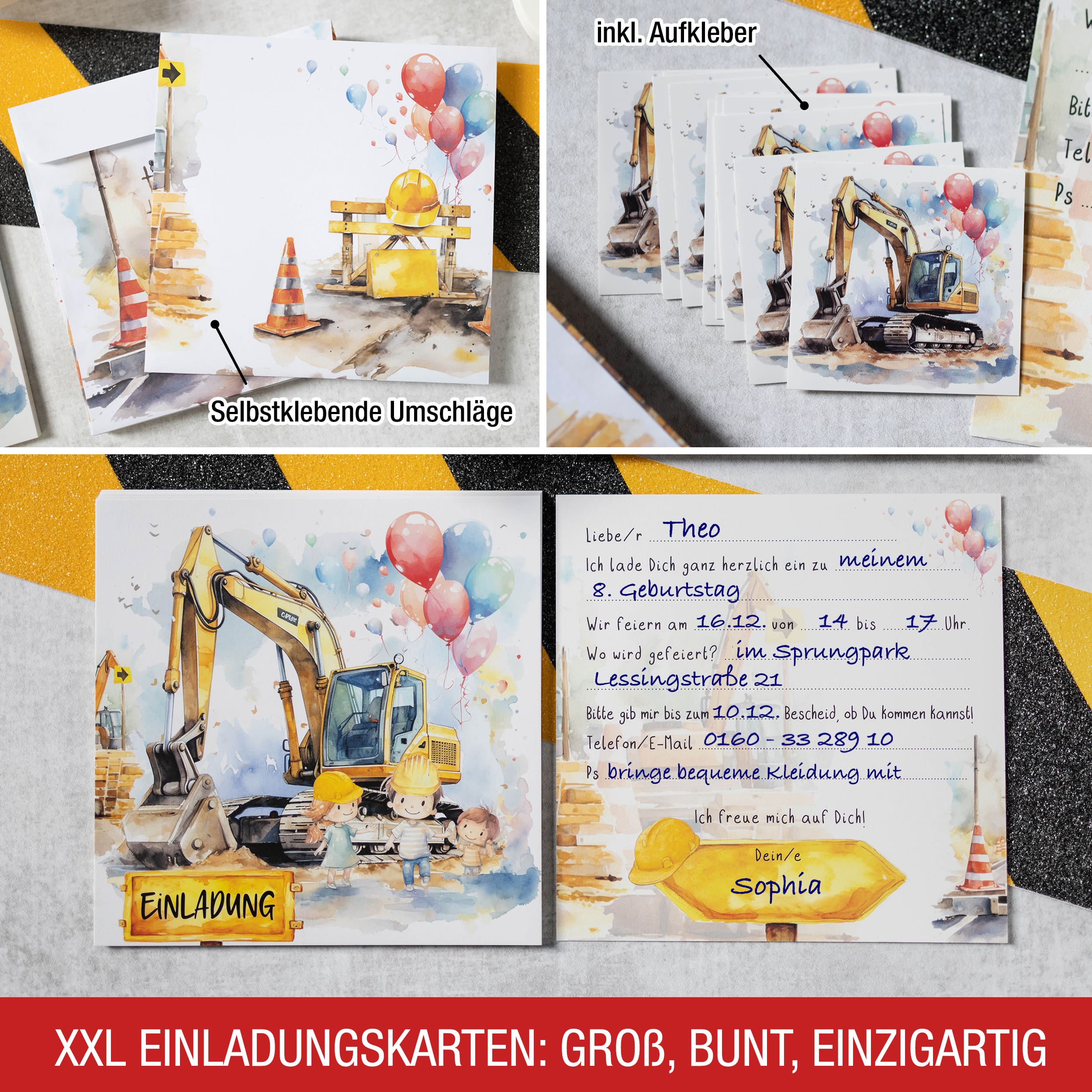 Einladungskarten Bagger inkl. Sticker 10er Set Einladungskarten Bagger inkl. Sticker 10er Set