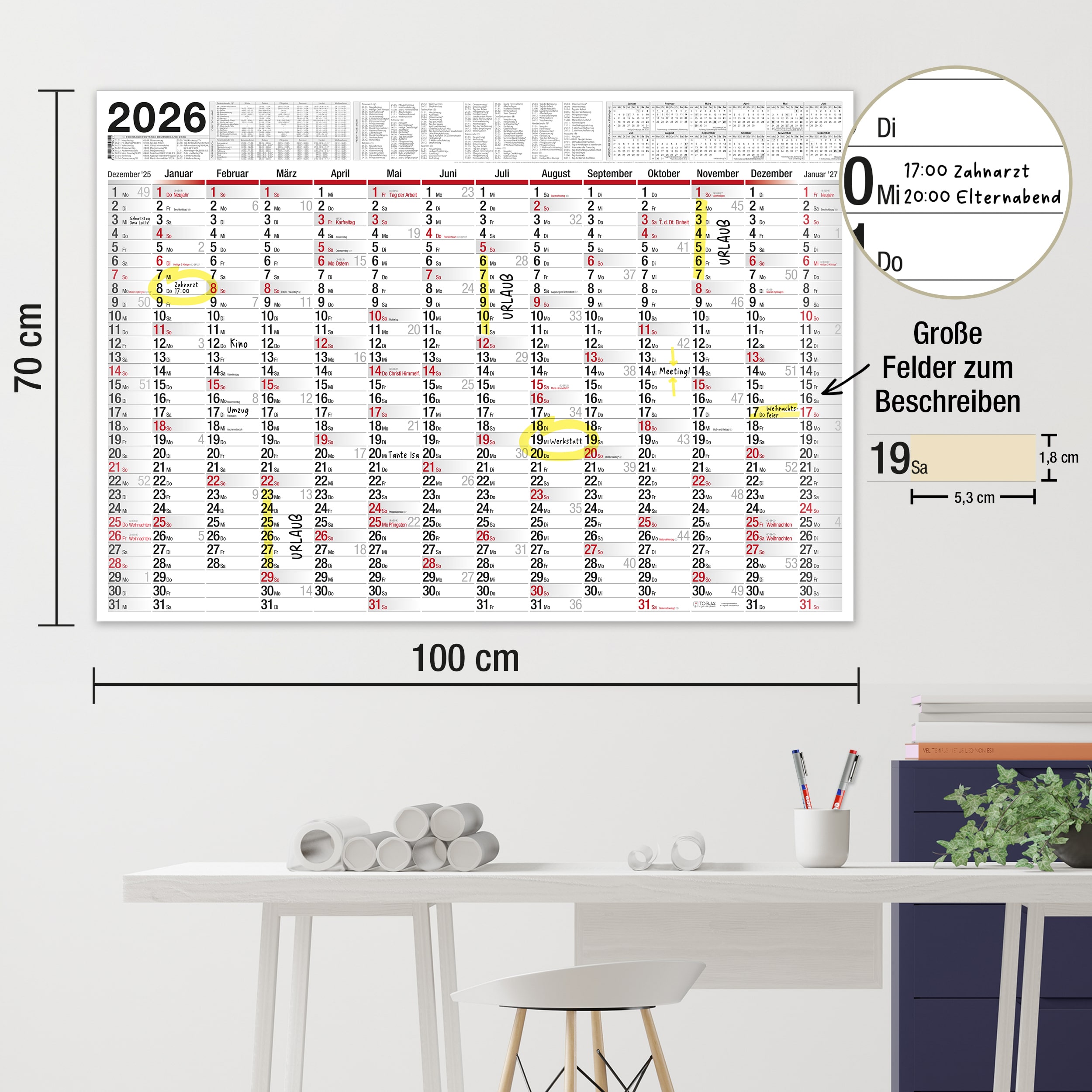 Wandkalender 2026 "Big Planer" [abwischbar] Kalender + 1 Stift