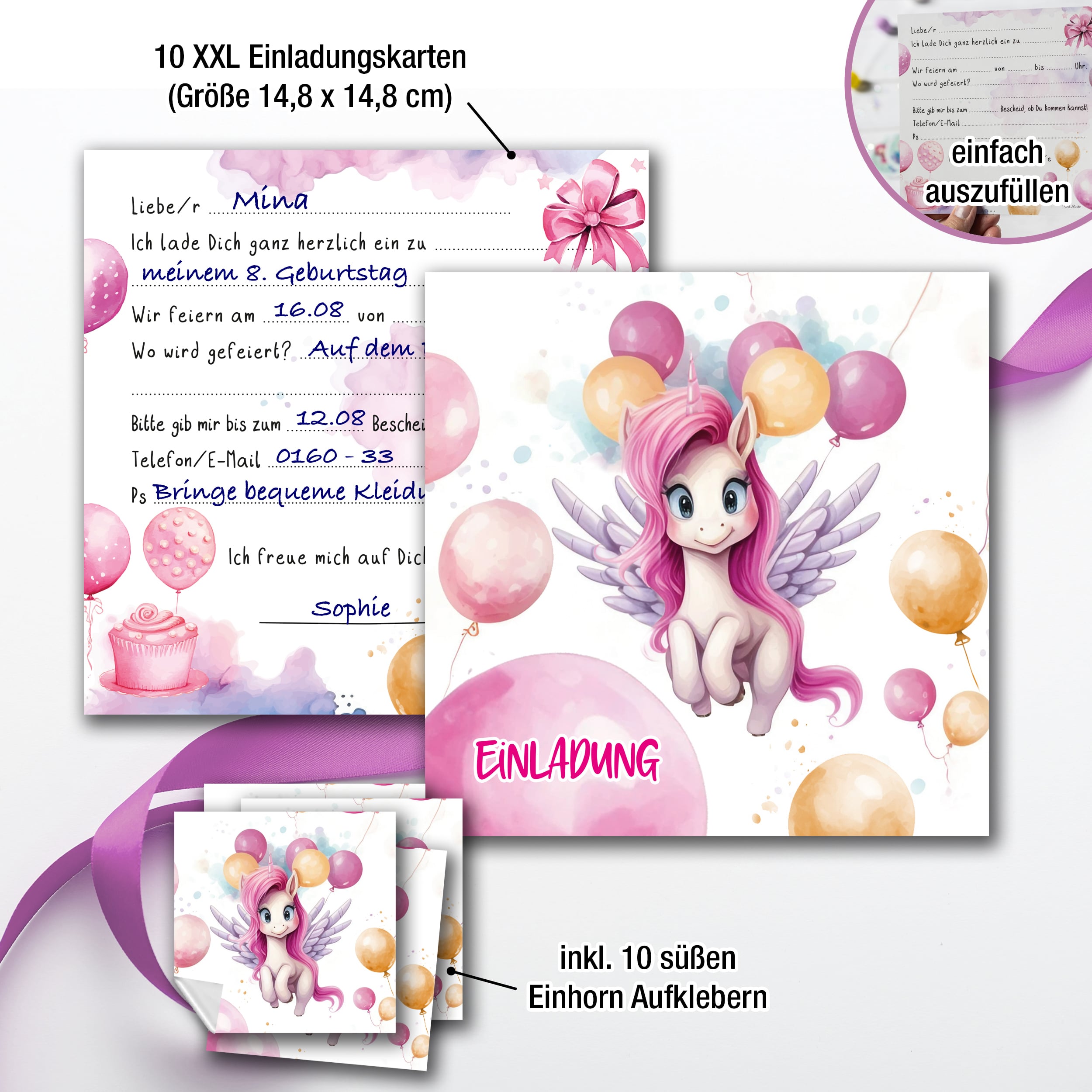XXL Einhorn Einladungskarten für Kindergeburtstag