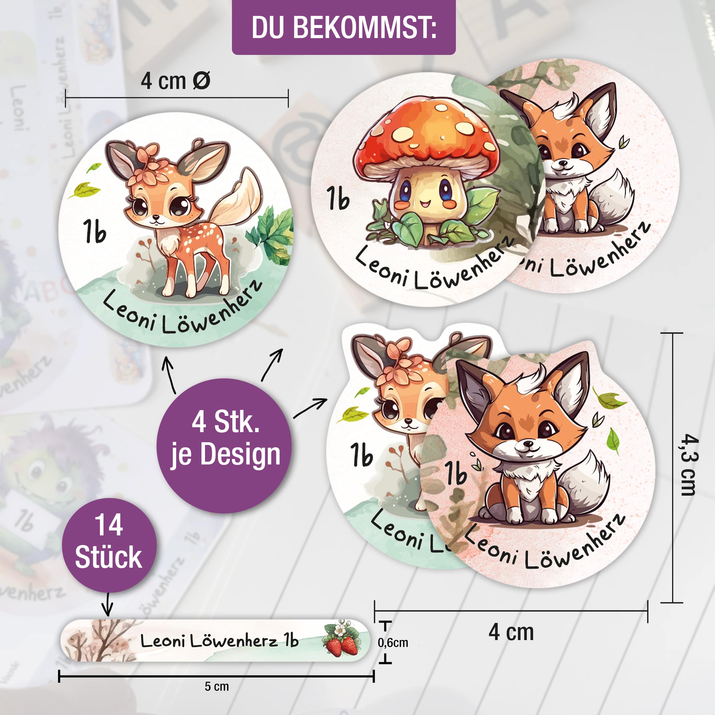 Sticker Set Waldtiere Grundschule personalisiert Name