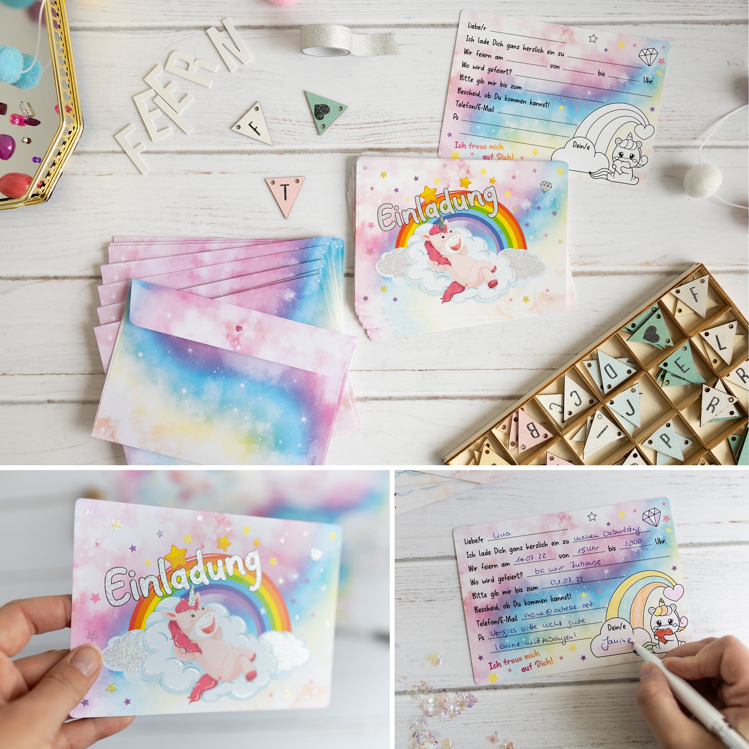 12 Einladungskarten inkl. Umschläge "Einhorn Party" 12 Einladungskarten inkl. Umschläge "Einhorn Party"