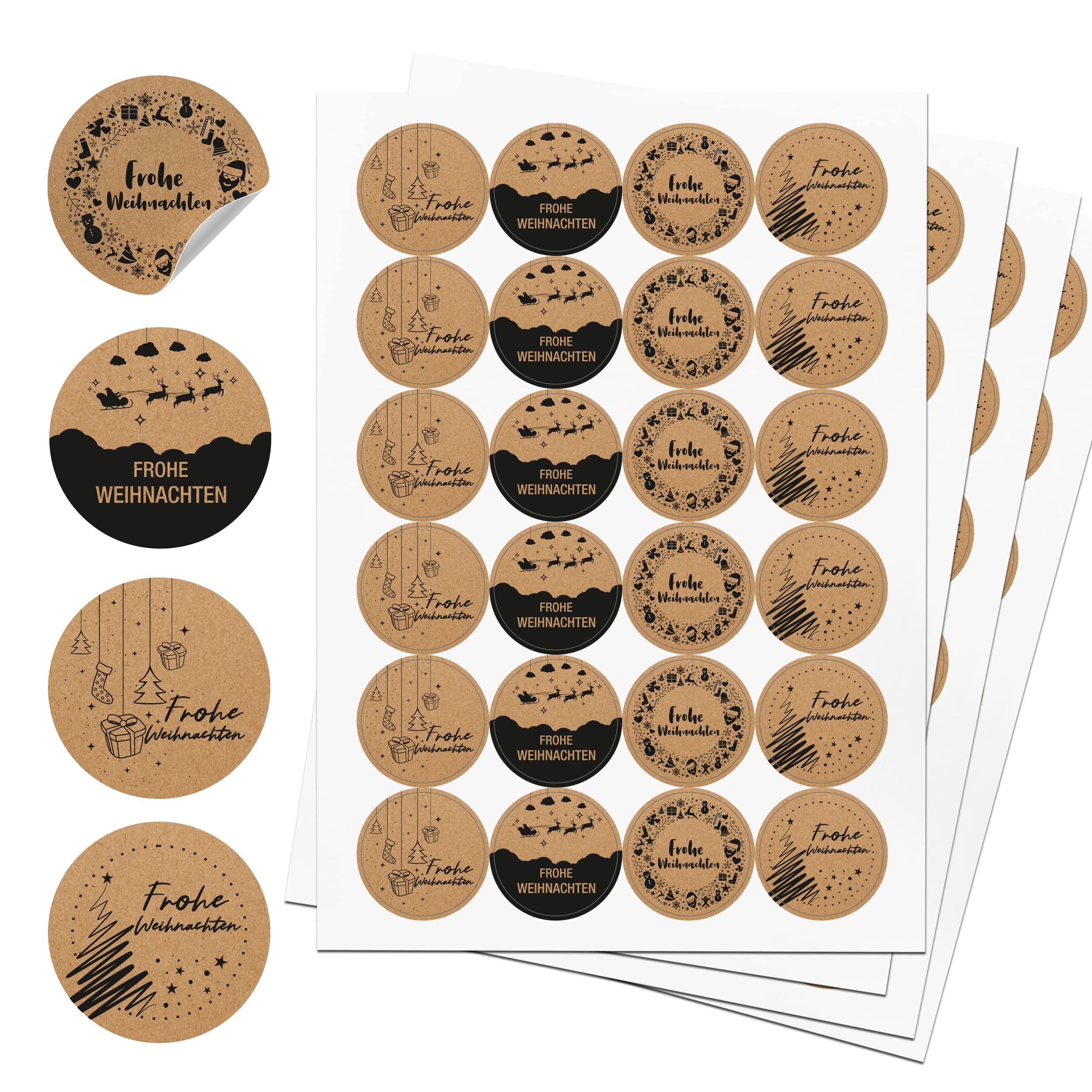 Sticker 4-er Set Bögen "Frohe Weihnachten" Kraftpapier