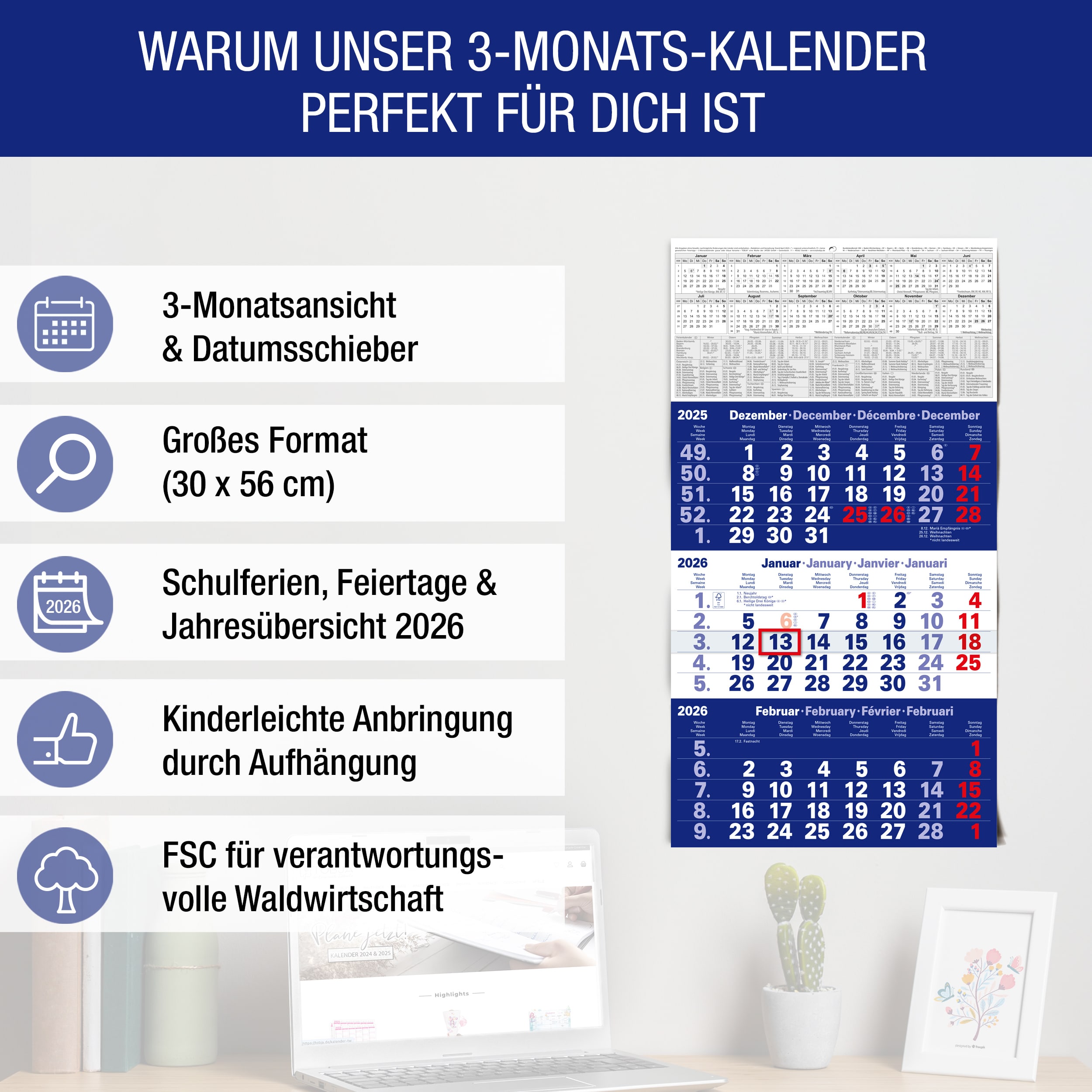 3-Monatskalender 2026 Blau