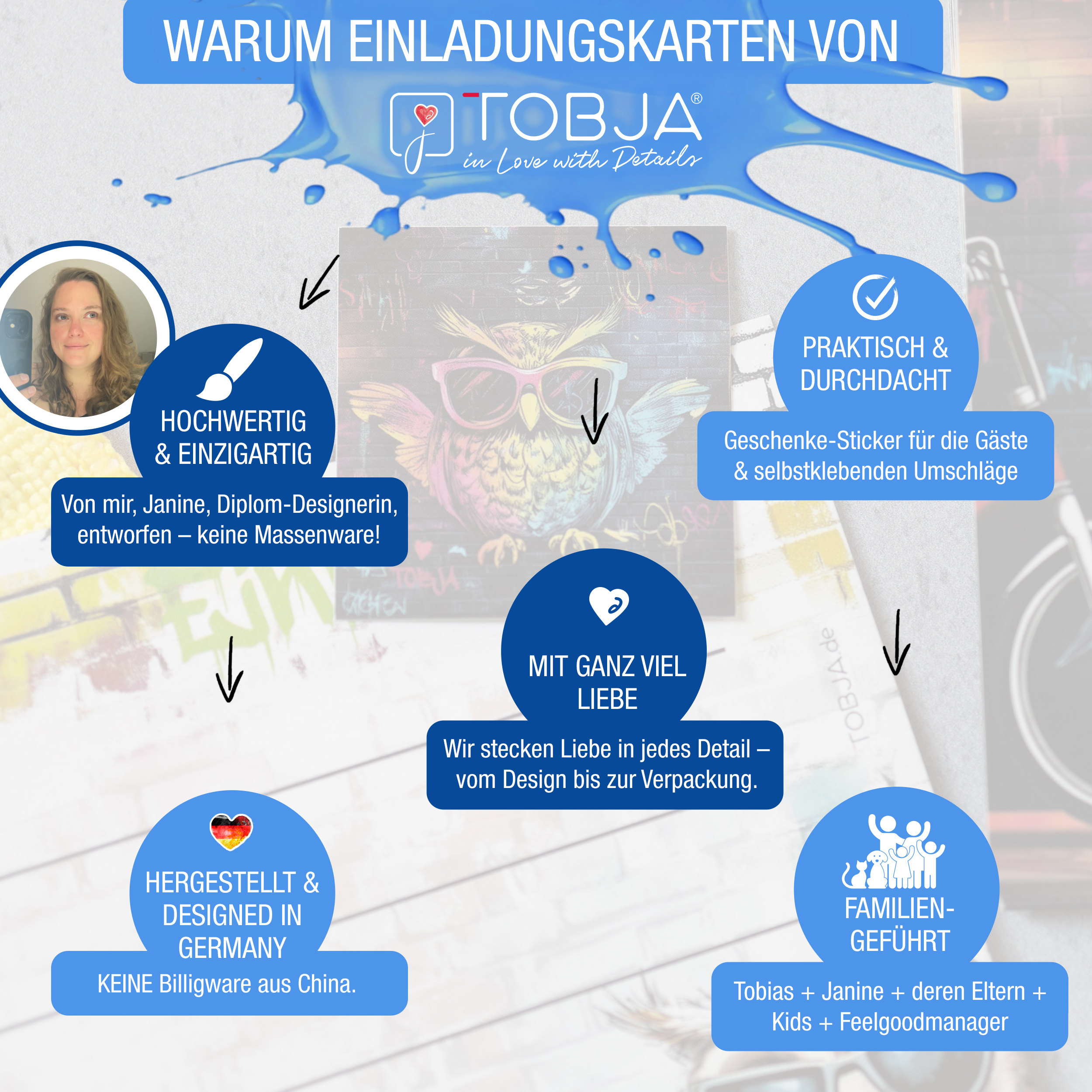 Einladungskarten Eule Graffiti inkl. Sticker 10er Set