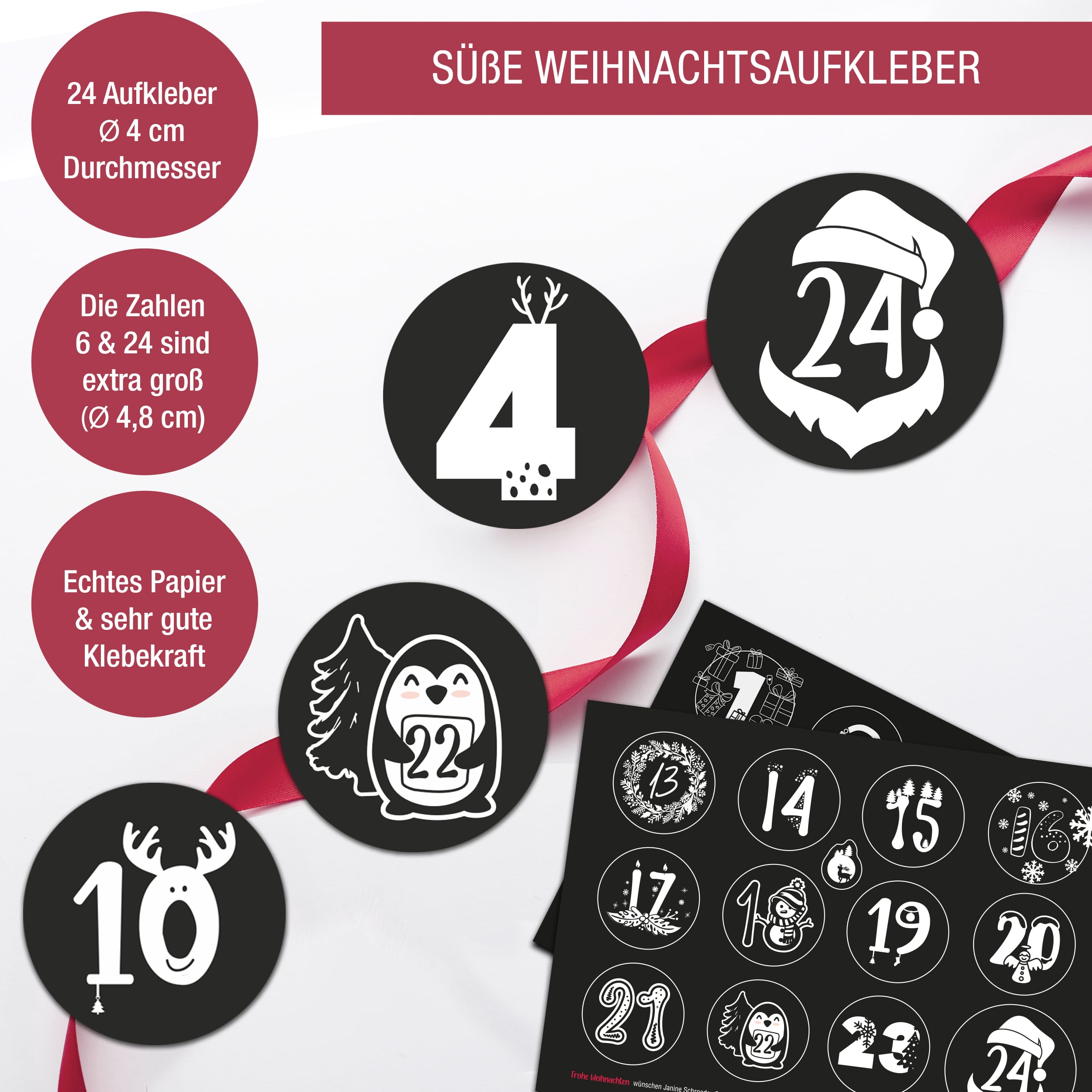 Adventsaufkleber Zahlen 1-24 schwarz-weiß Adventsaufkleber Zahlen 1-24 schwarz-weiß