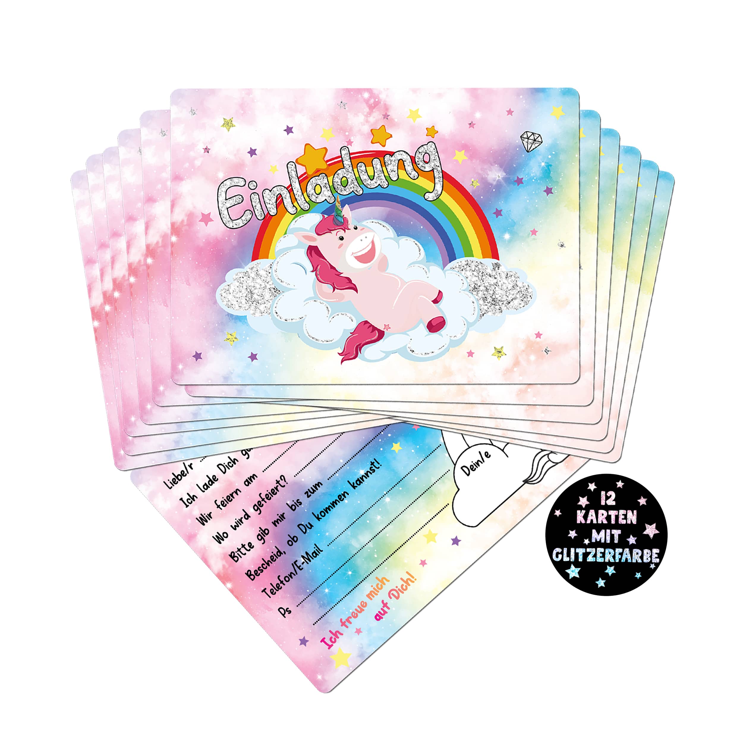 12 Einladungskarten Kindergeburtstag "Glitzer Einhorn"
