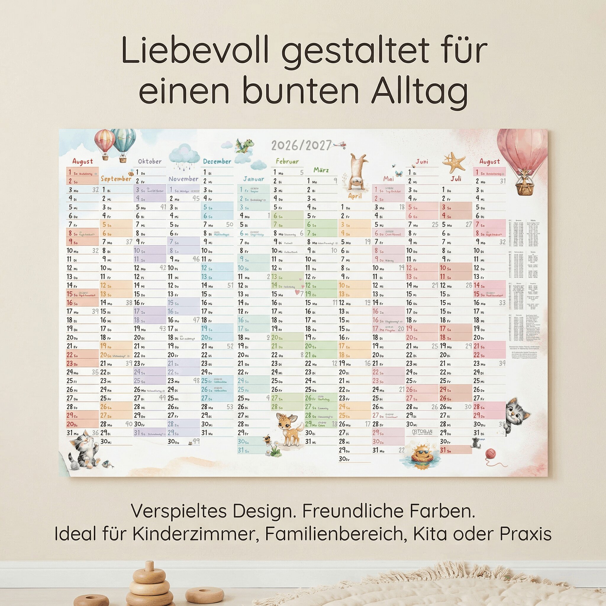 Schuljahreskalender A1 2026/2027 „Tierwelt Pastell"