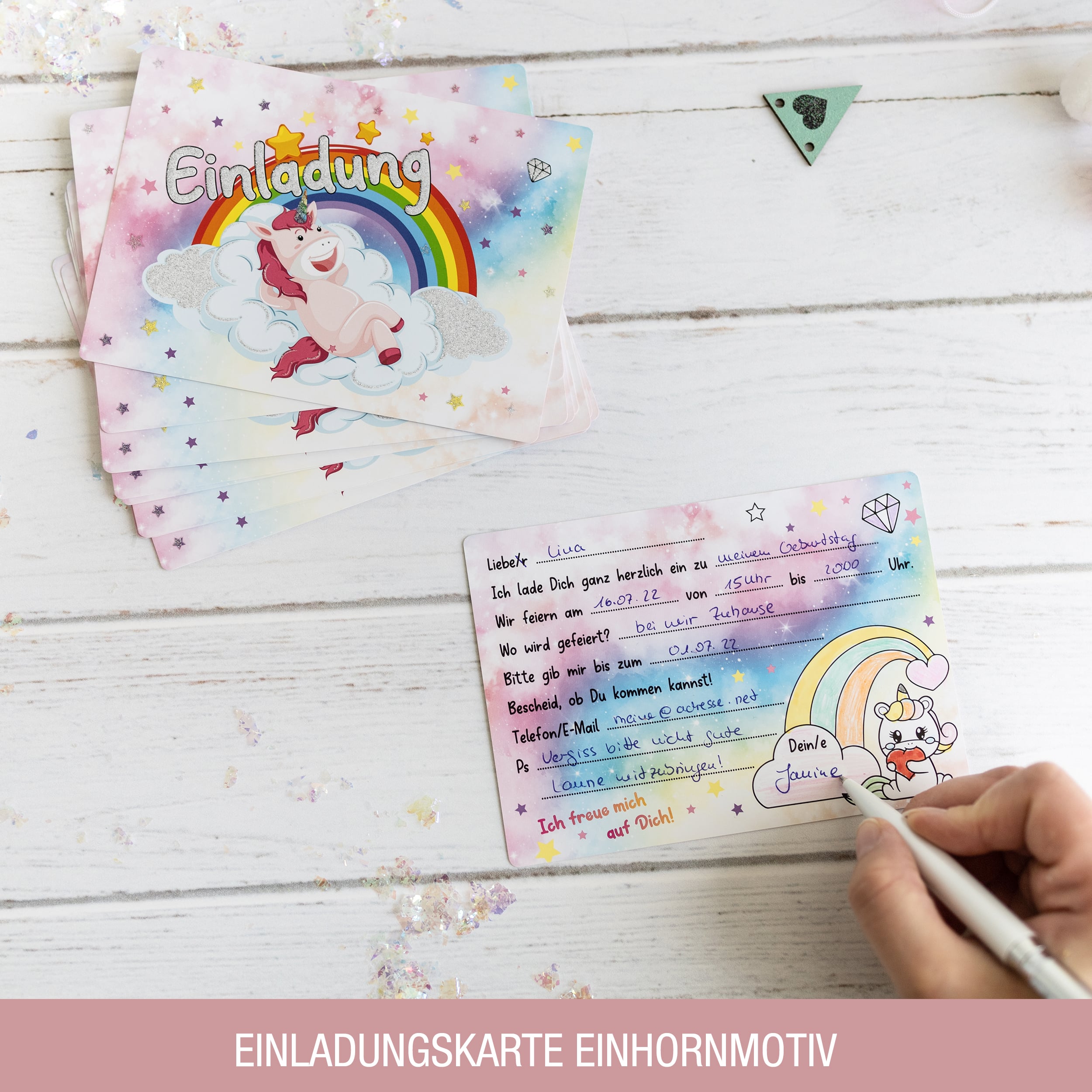 12 Einladungskarten Kindergeburtstag "Glitzer Einhorn" 12 Einladungskarten inkl. Umschläge "Einhorn Party"
