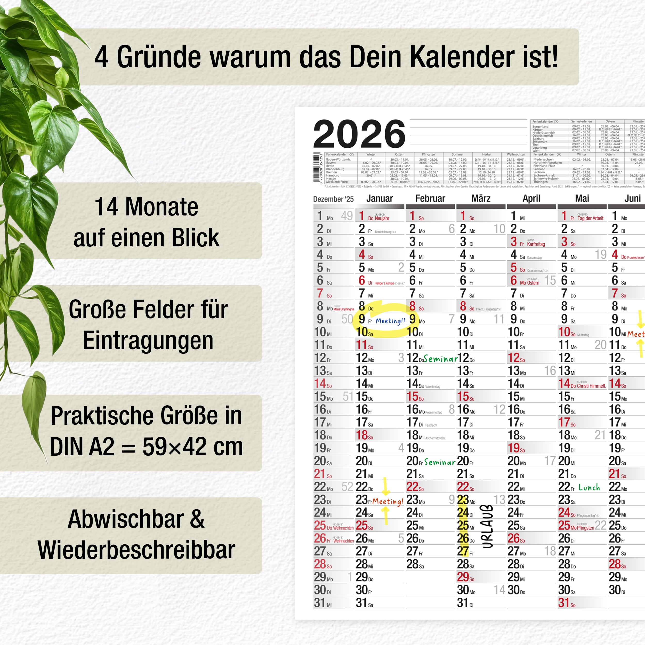 Abwischbarer Wandkalender 2026 A2 inkl. 4 Markenstifte