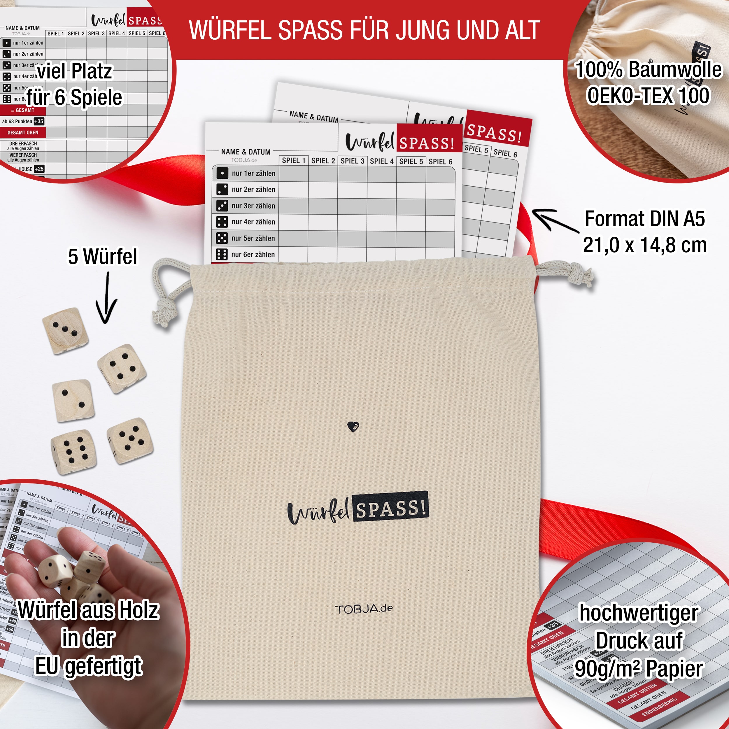 Würfelspiel Set "Blöcke, Würfel & Beutel"