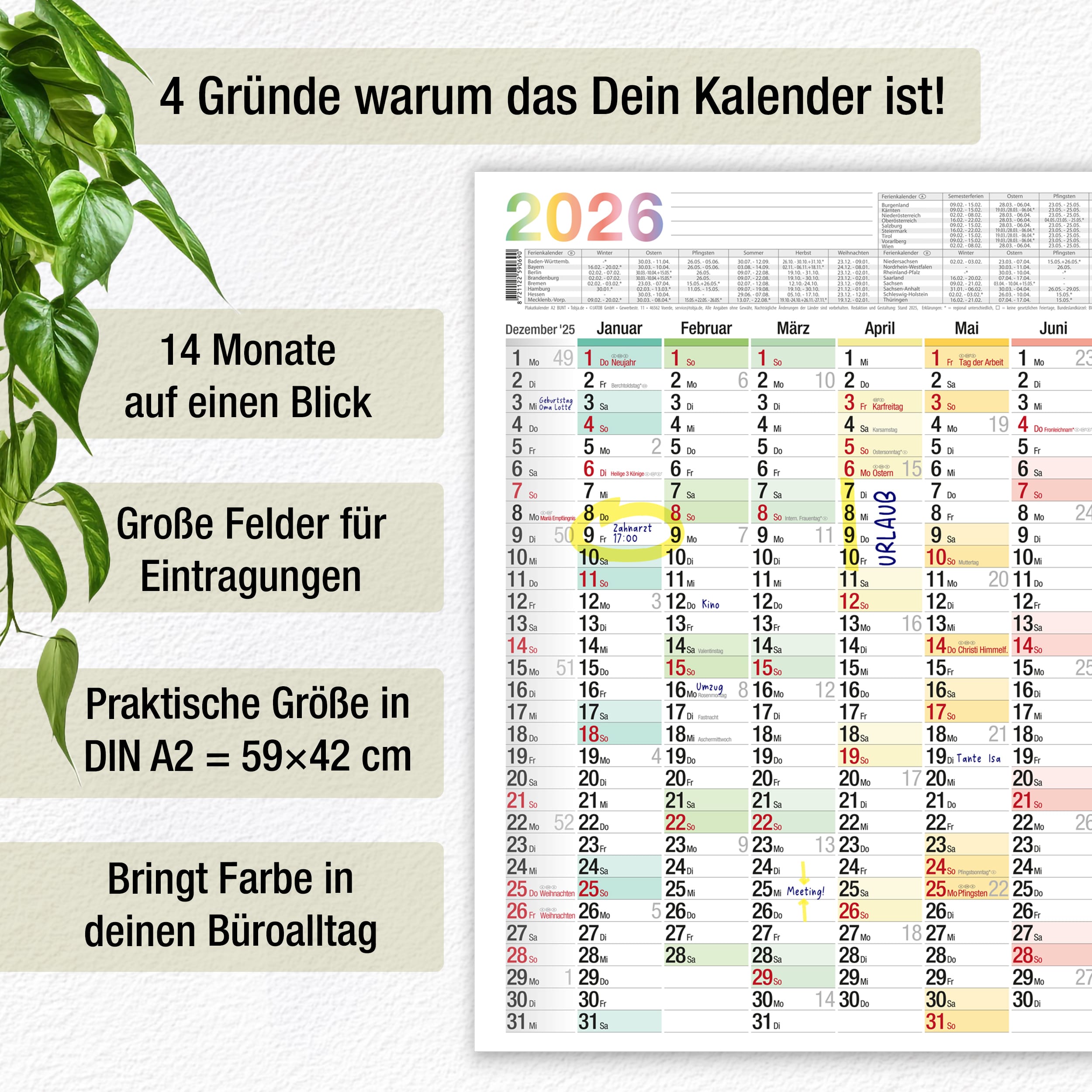 Wandkalender A2 2026 "bunt"