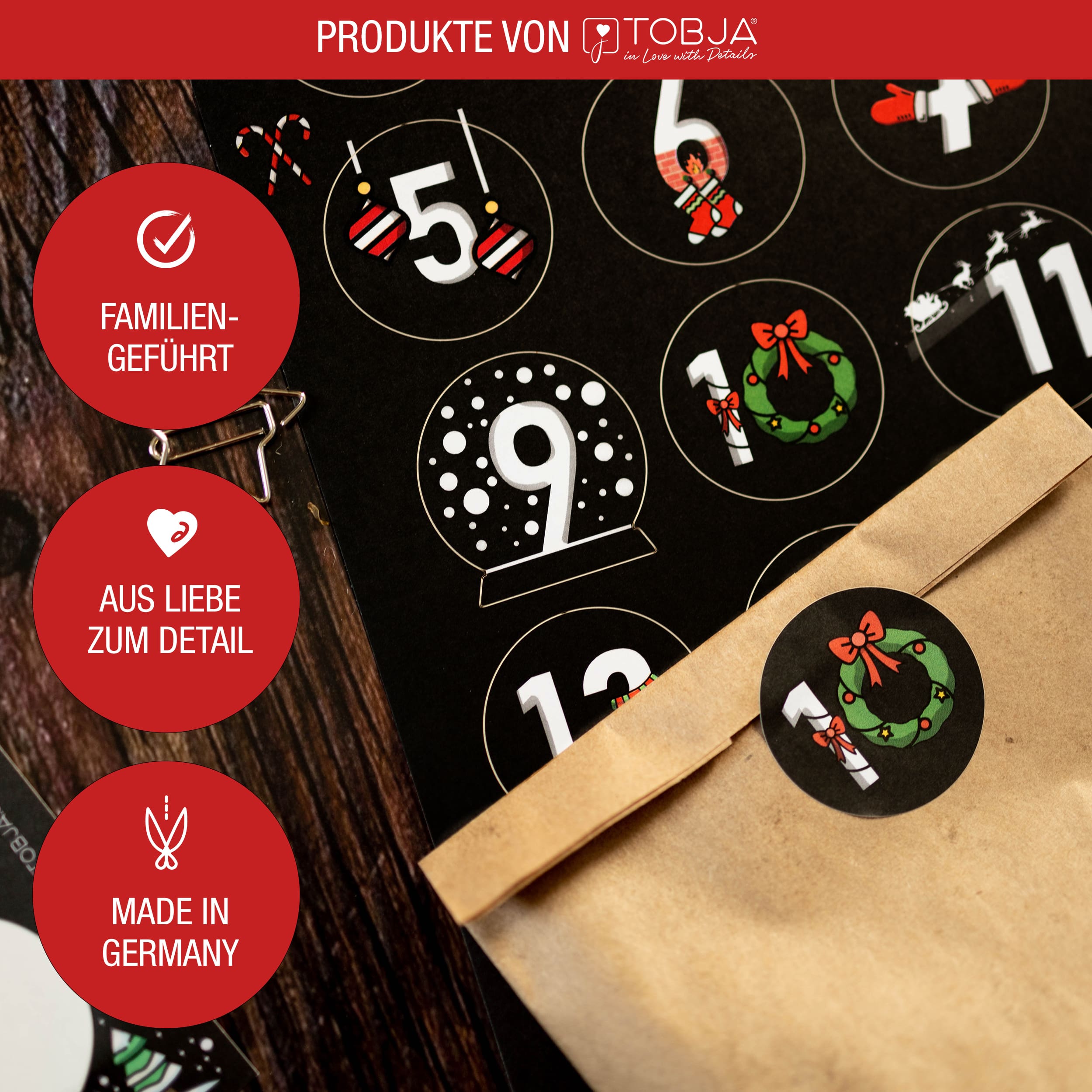 Adventskalender mit 24 Aufkleber schwarz-bunt