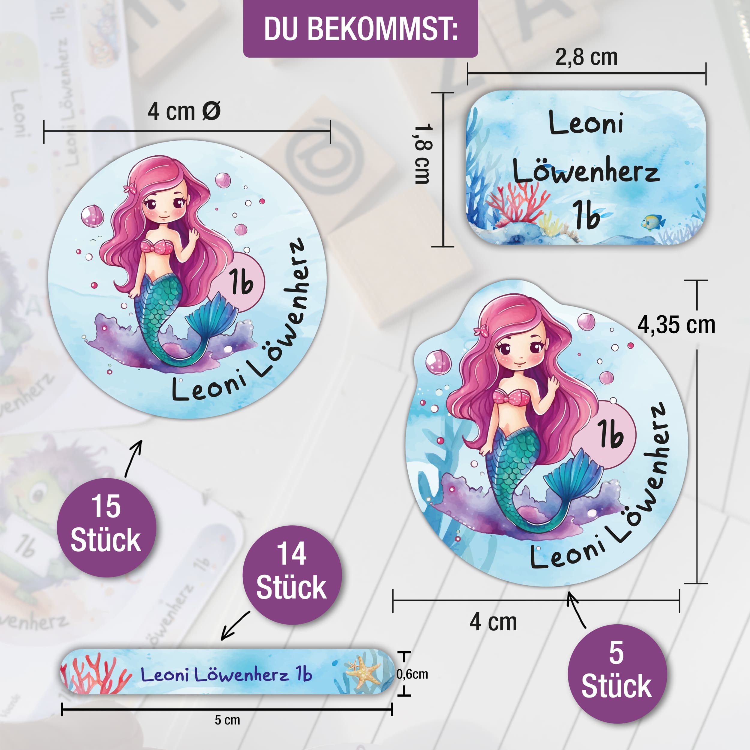 Sticker Set Meerjungfrau Grundschule personalisiert Name