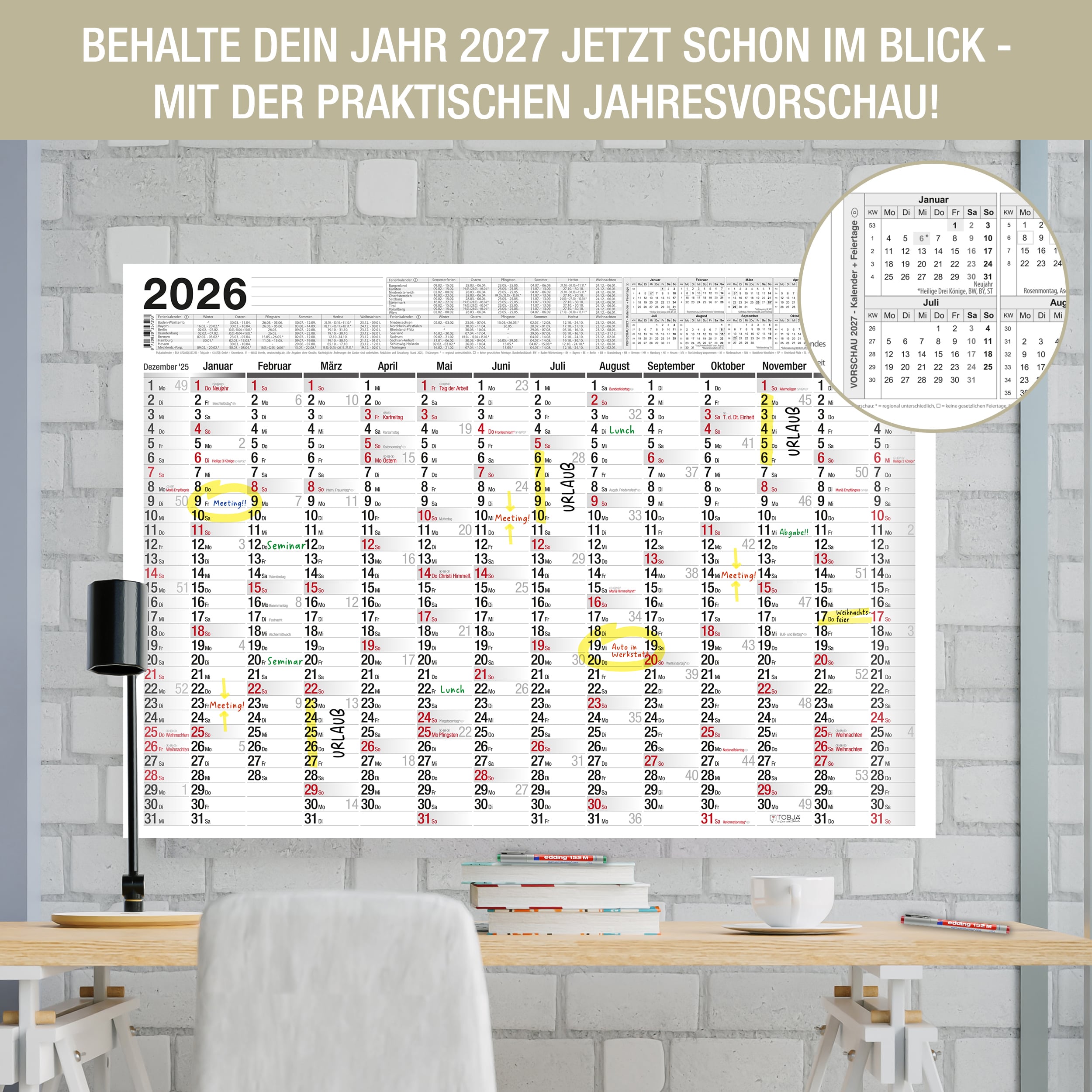 Abwischbarer Wandkalender 2026 A2 inkl. 4 Markenstifte
