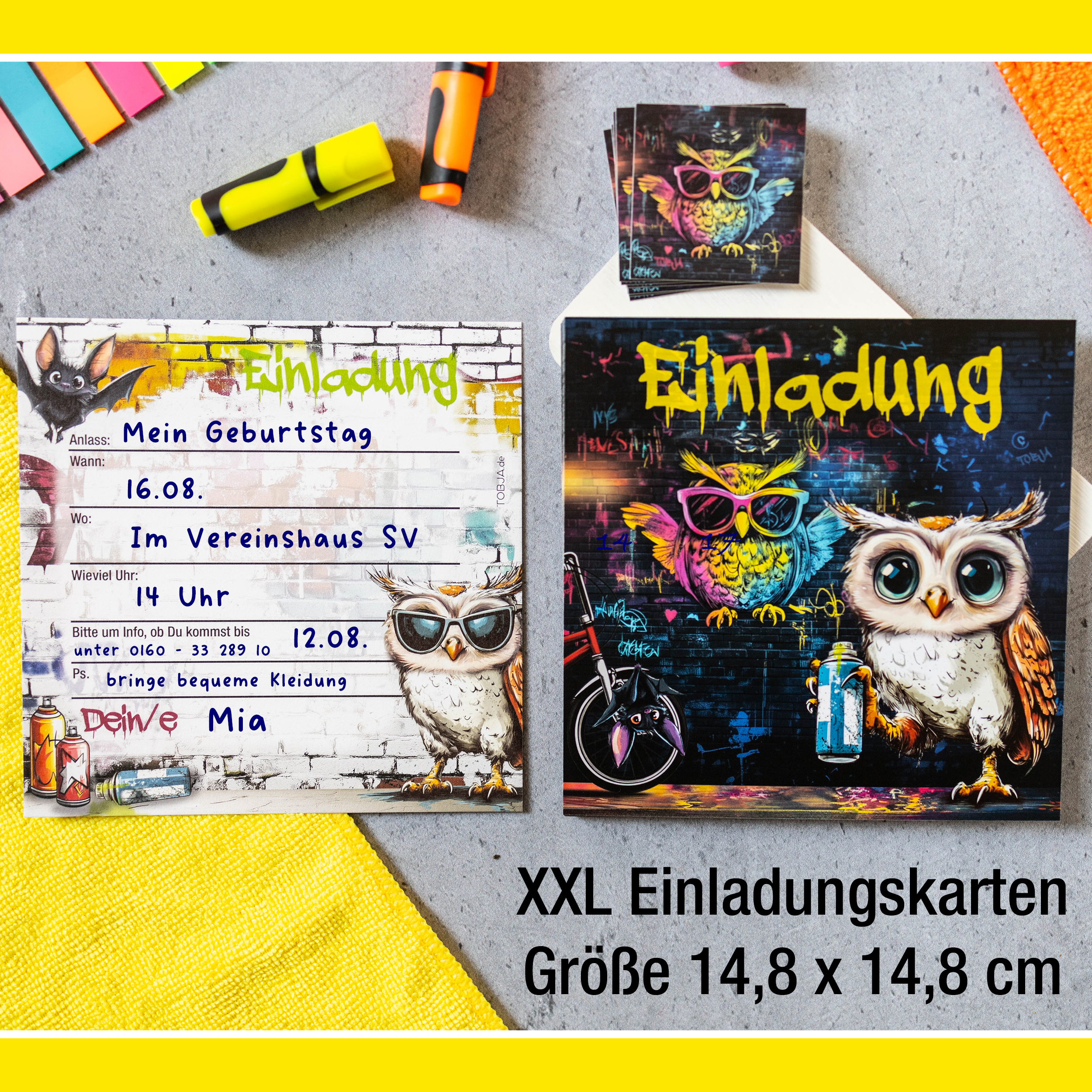 Einladungskarten Eule Graffiti inkl. Sticker 10er Set