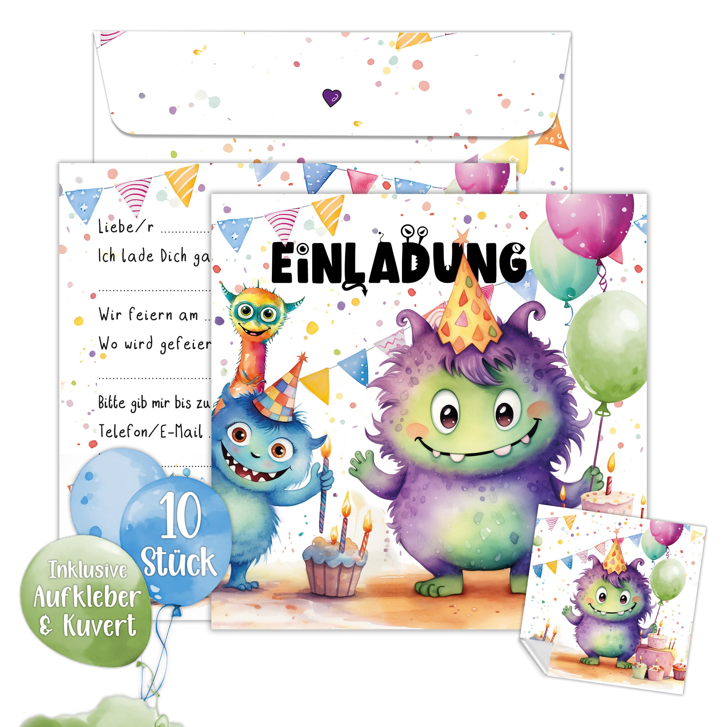 Einladungskarten Monster inkl. Sticker 10er Set