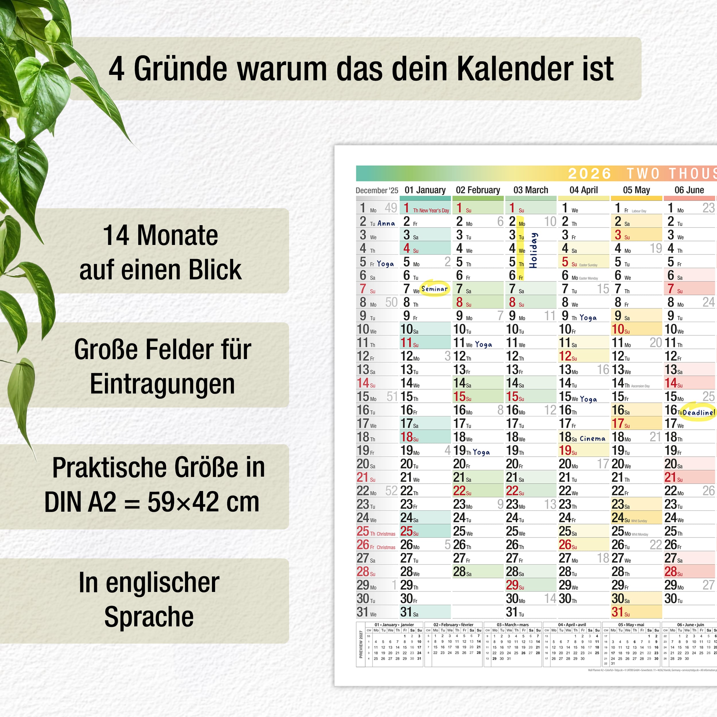 A2 Wandkalender 2026 EU Englisch A2 Wandkalender 2026 EU Englisch