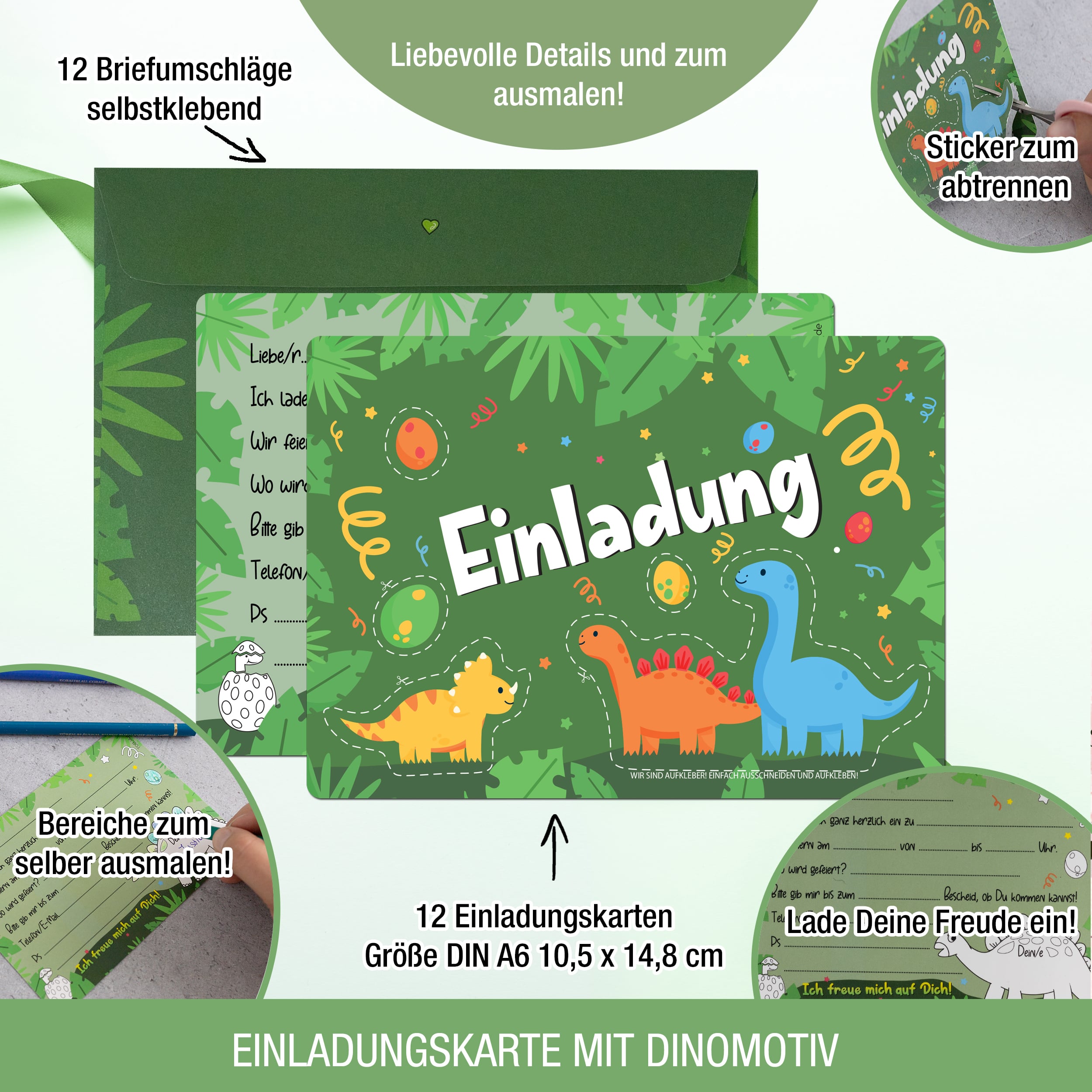12 Einladungskarten inkl. Umschläge "Dino Party"