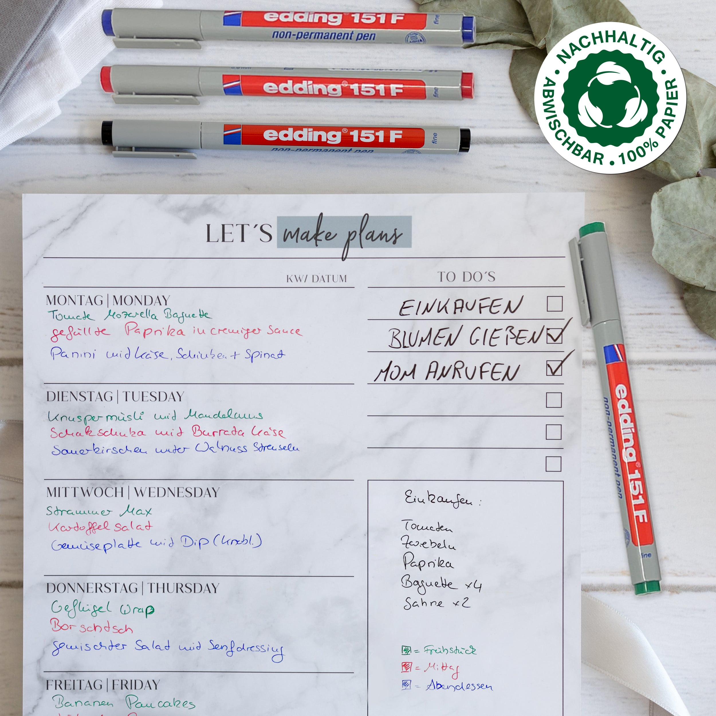 Menüplaner Blatt inkl. 4 edding Stifte
