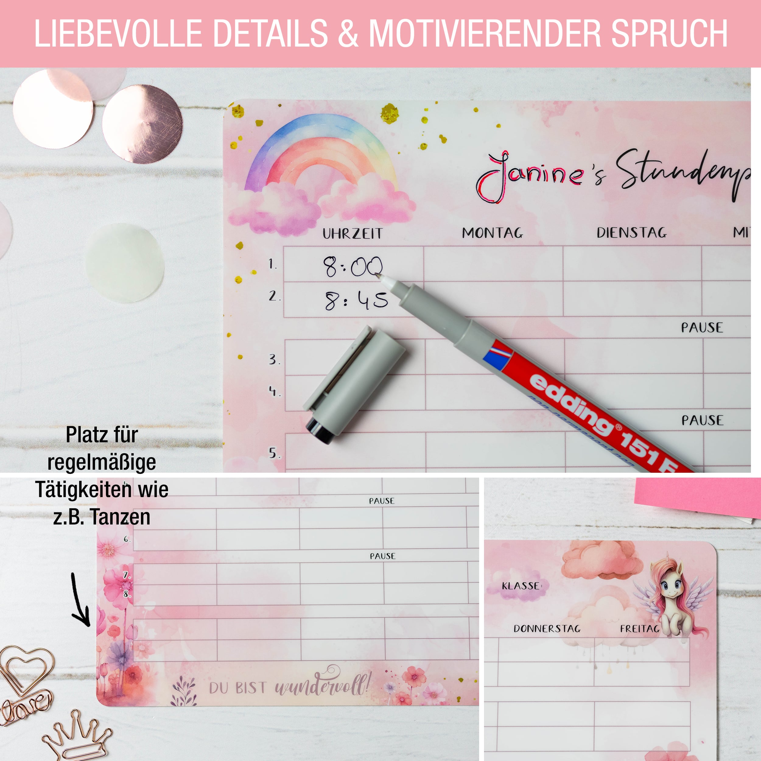 Stundenplan Unicorn +Stift - klebt überall, nass abwischbar! Stundenplan Unicorn +Stift - klebt überall, nass abwischbar!